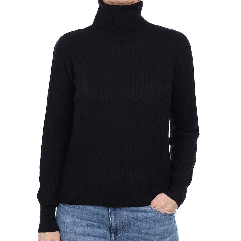 Black Cable Cashmere Polo Neck Jumper Small