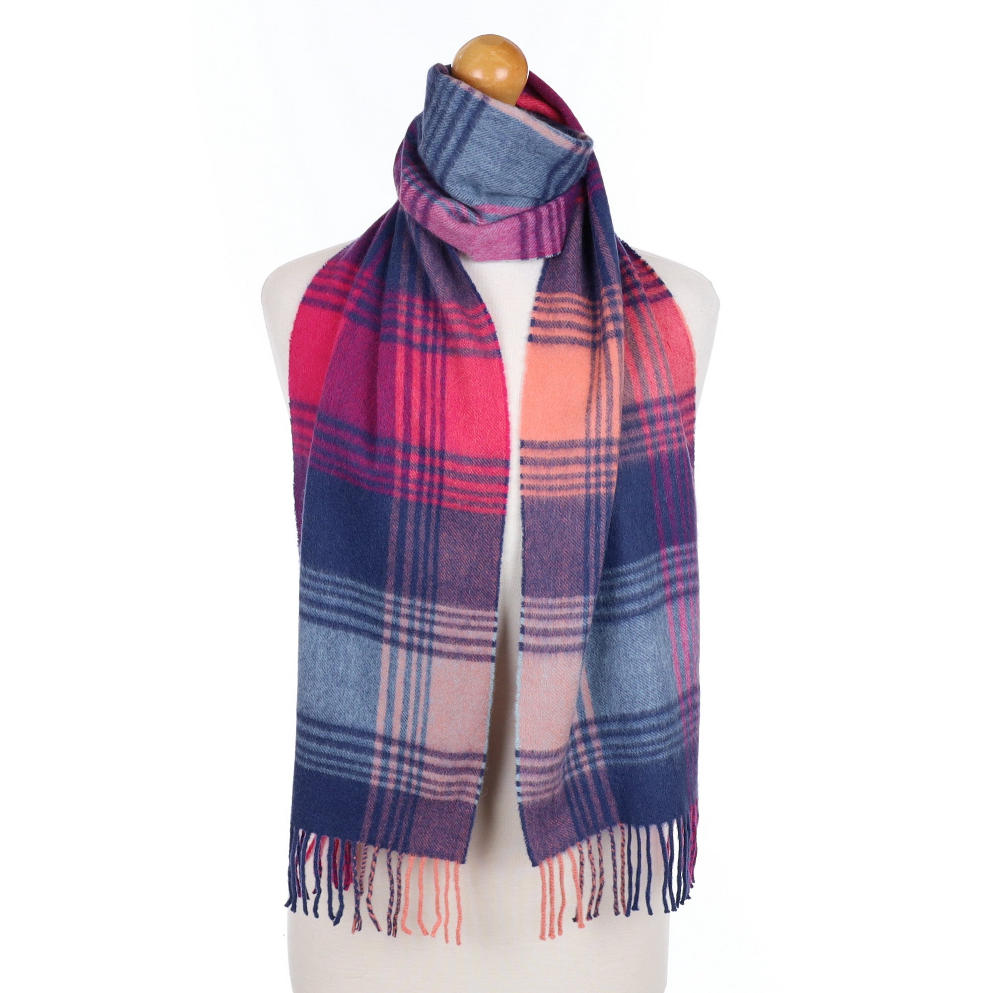 Hot Pink and Blue Checked Cashmere Fringed Woven Scarf