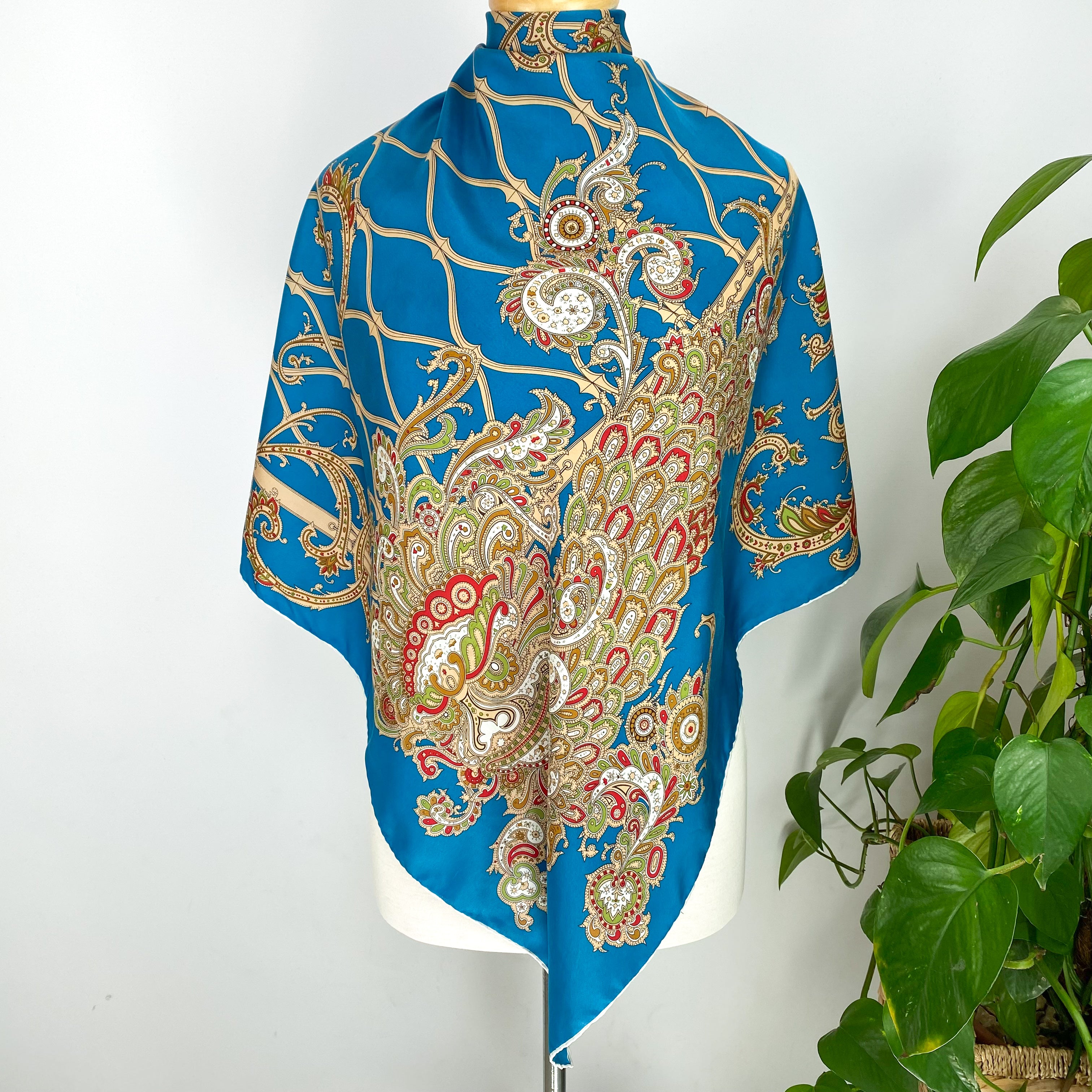 Turquoise Blue Paisley Vintage Silk Scarf