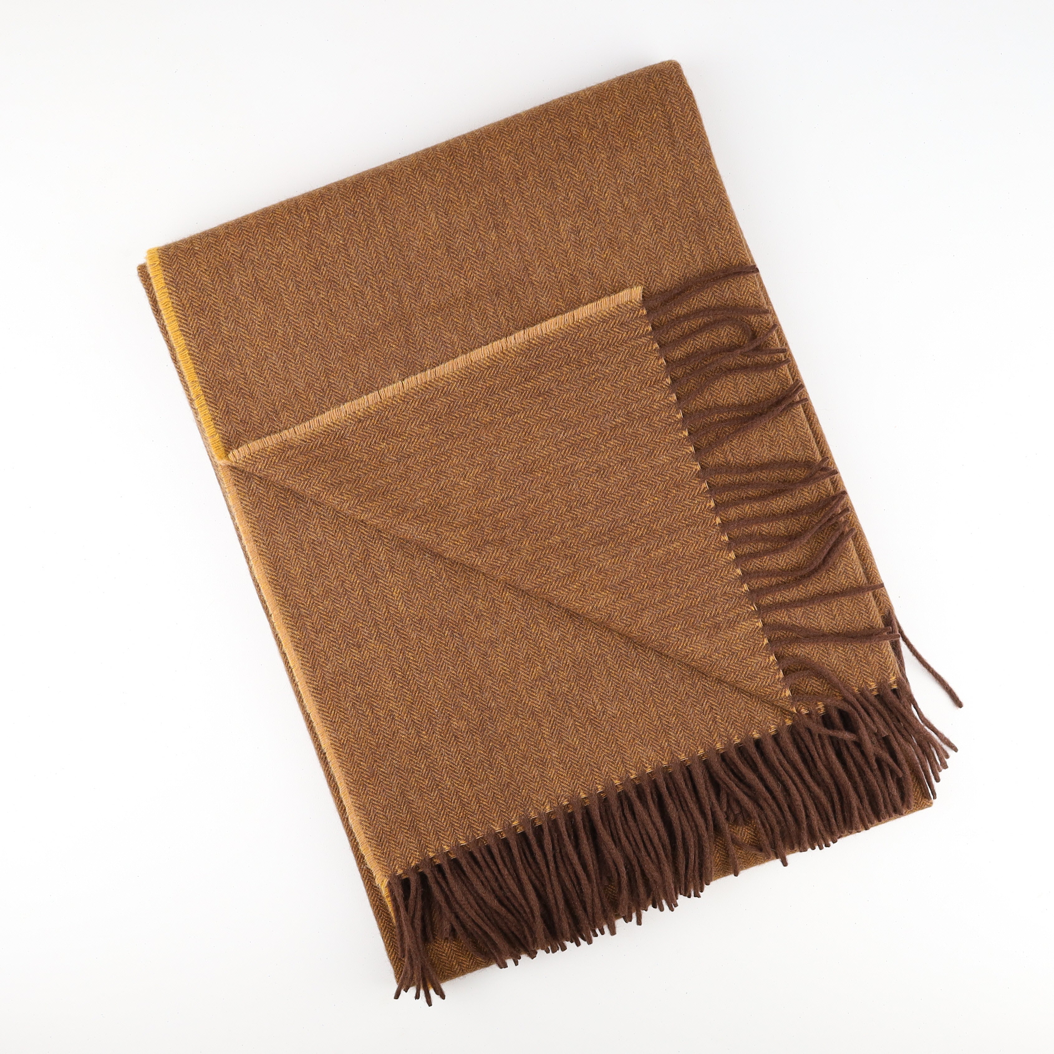 Brand New English Chocolate and Amber Herringbone Luxury Woven Cashmere Blanket