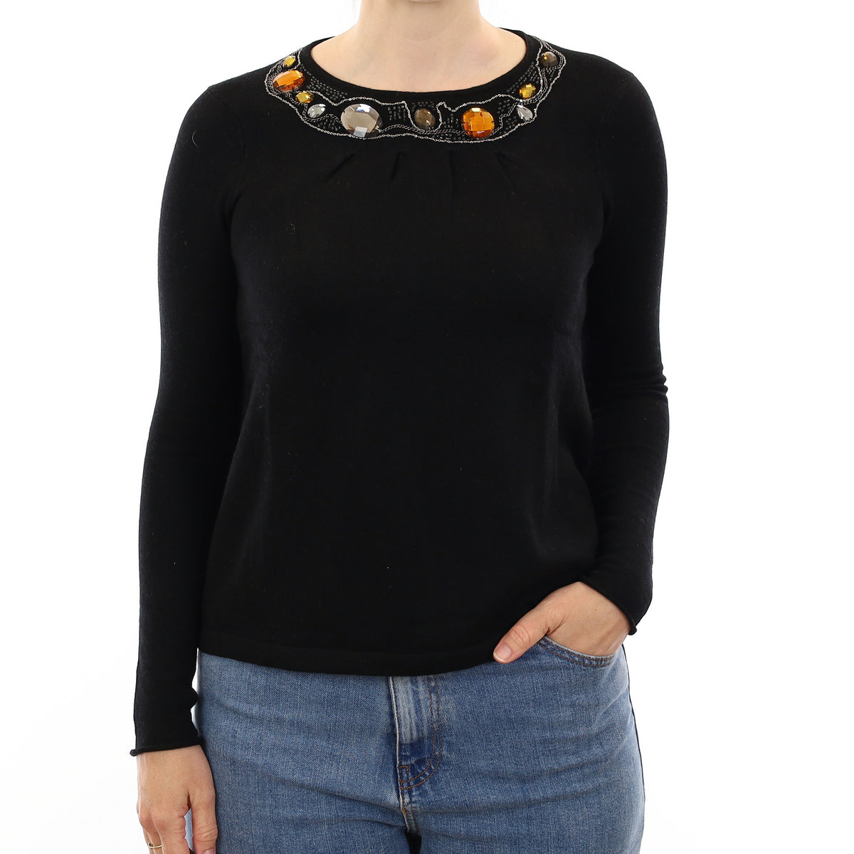 Black Embellished Cashmere Crew Neck Jumper Small
