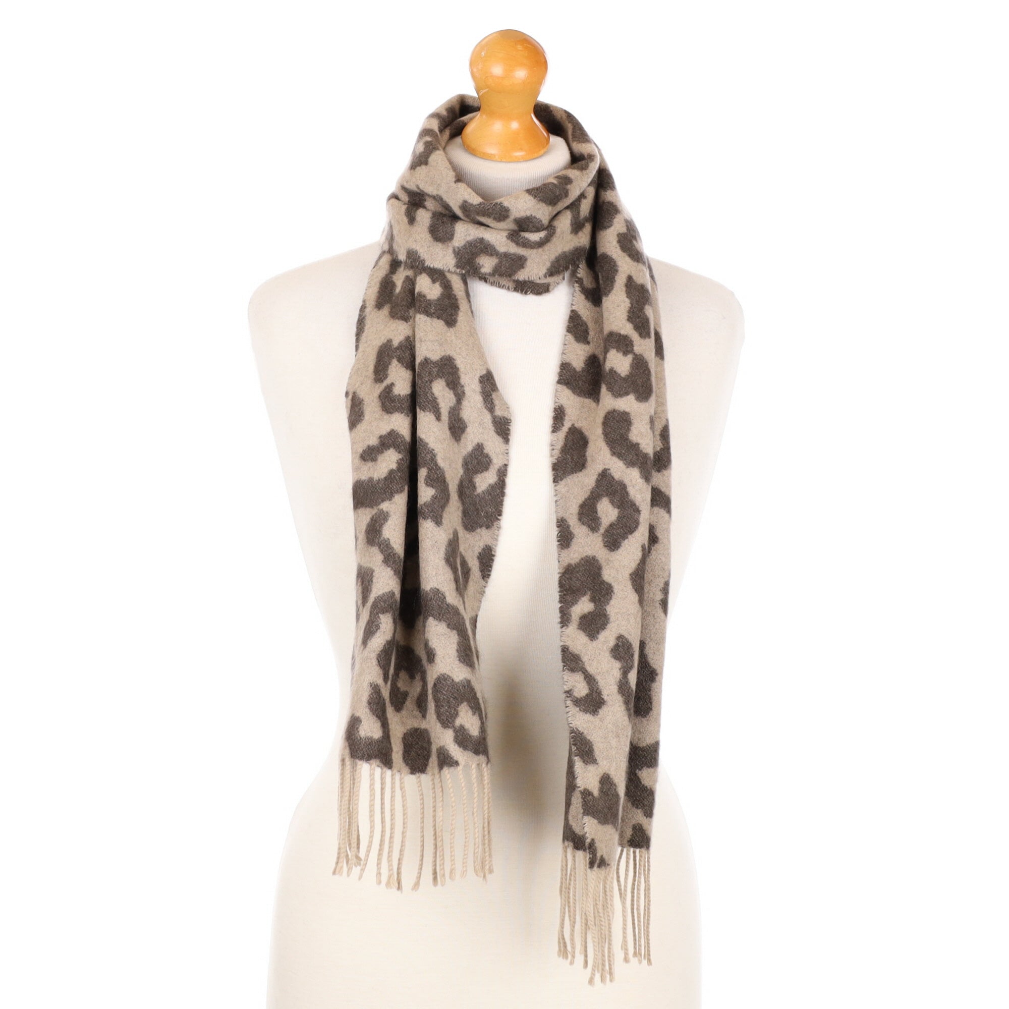 Brown and Oatmeal Animal Print Cashmere Fringed Woven Scarf