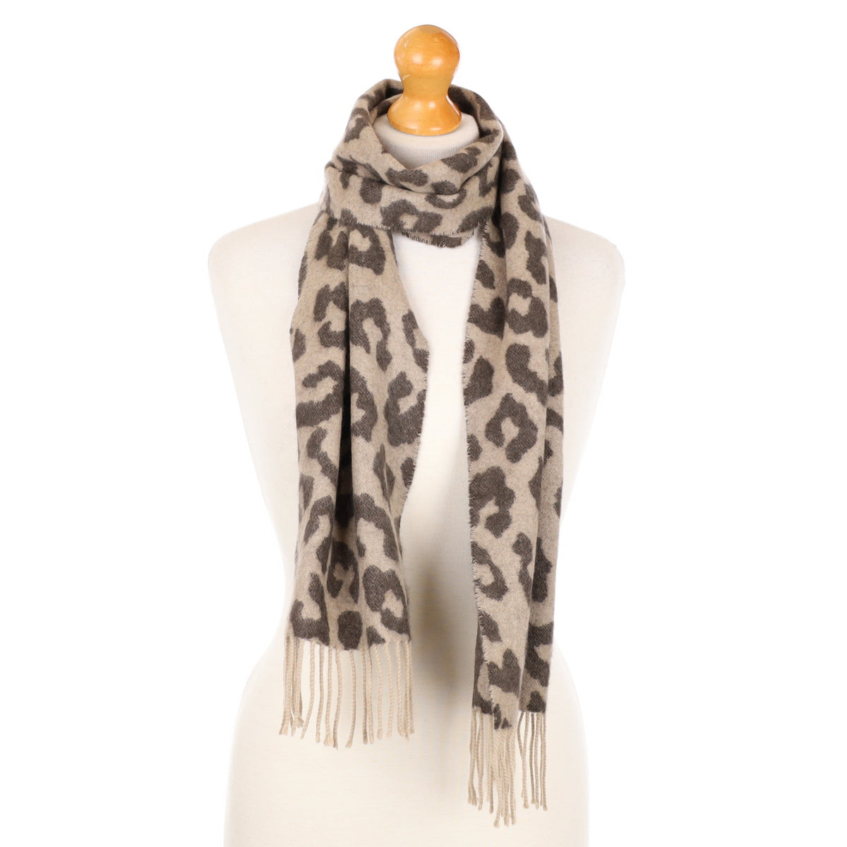 Brown and Oatmeal Animal Print Cashmere Fringed Woven Scarf