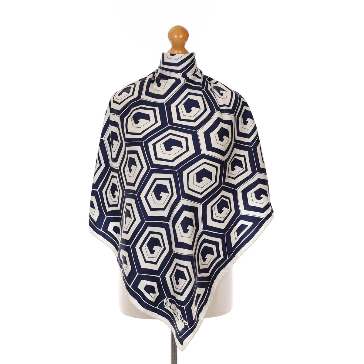 Richard Allan Geometric Navy and Cream Vintage Silk Scarf