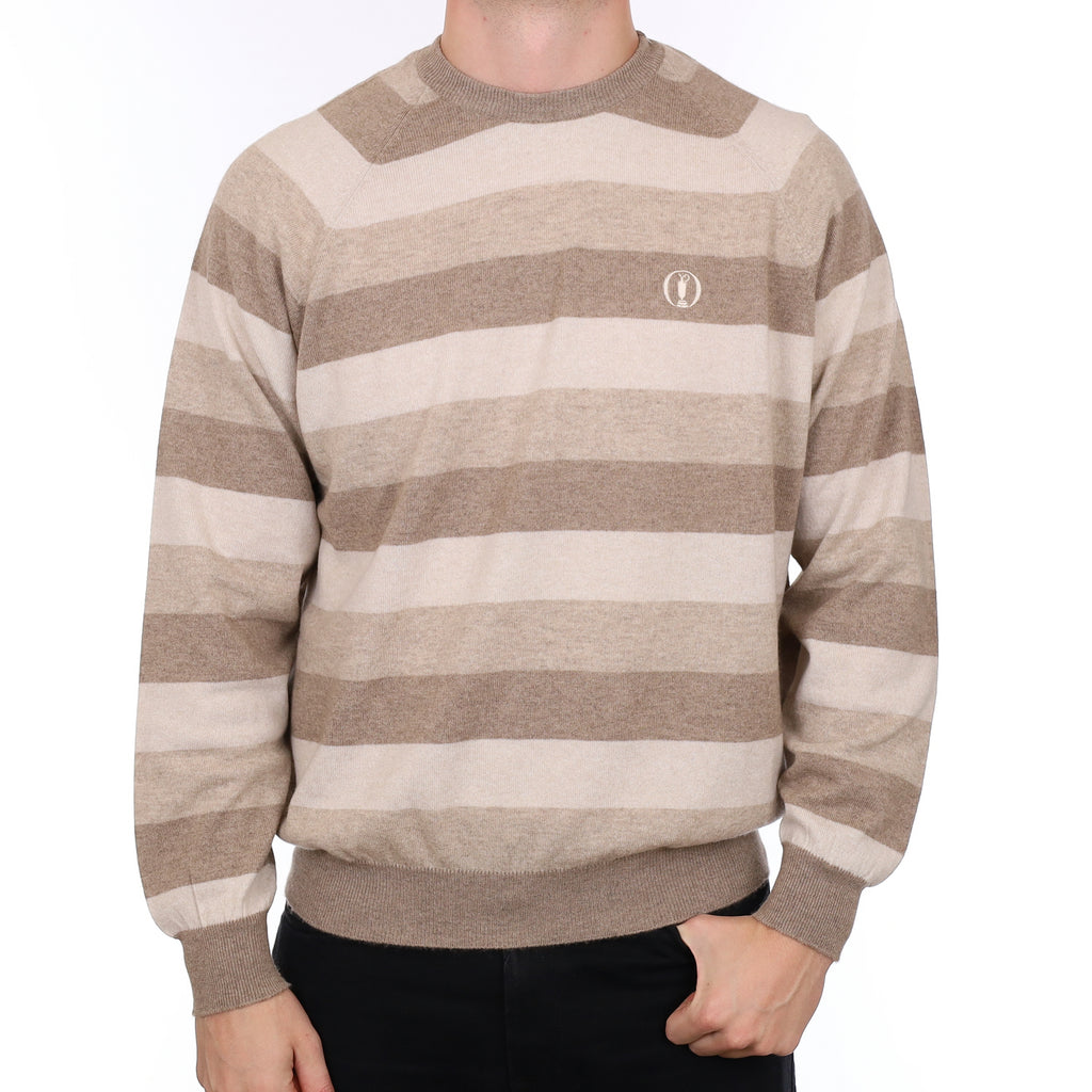 Men’s Brand New Scottish Hawico Golf Fawn Stripe Cashmere Crew Neck Jumper XXL
