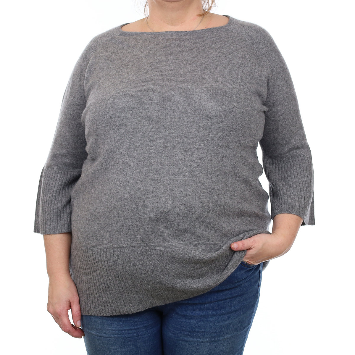 Ash Grey Cashmere Flared Sleeve Crew Neck Jumper XL