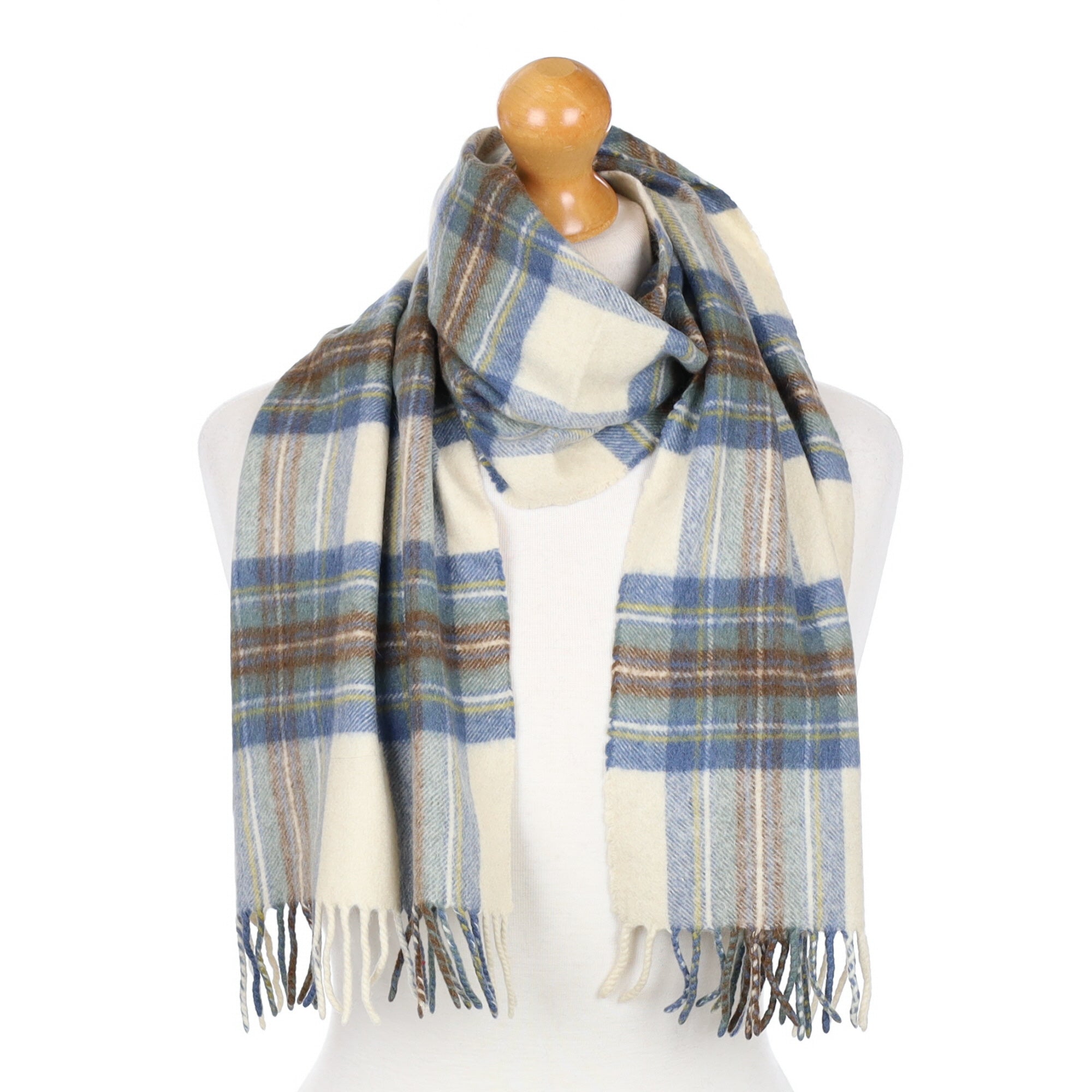 Cream and Blue Checked Fringed Cashmere Woven Scarf