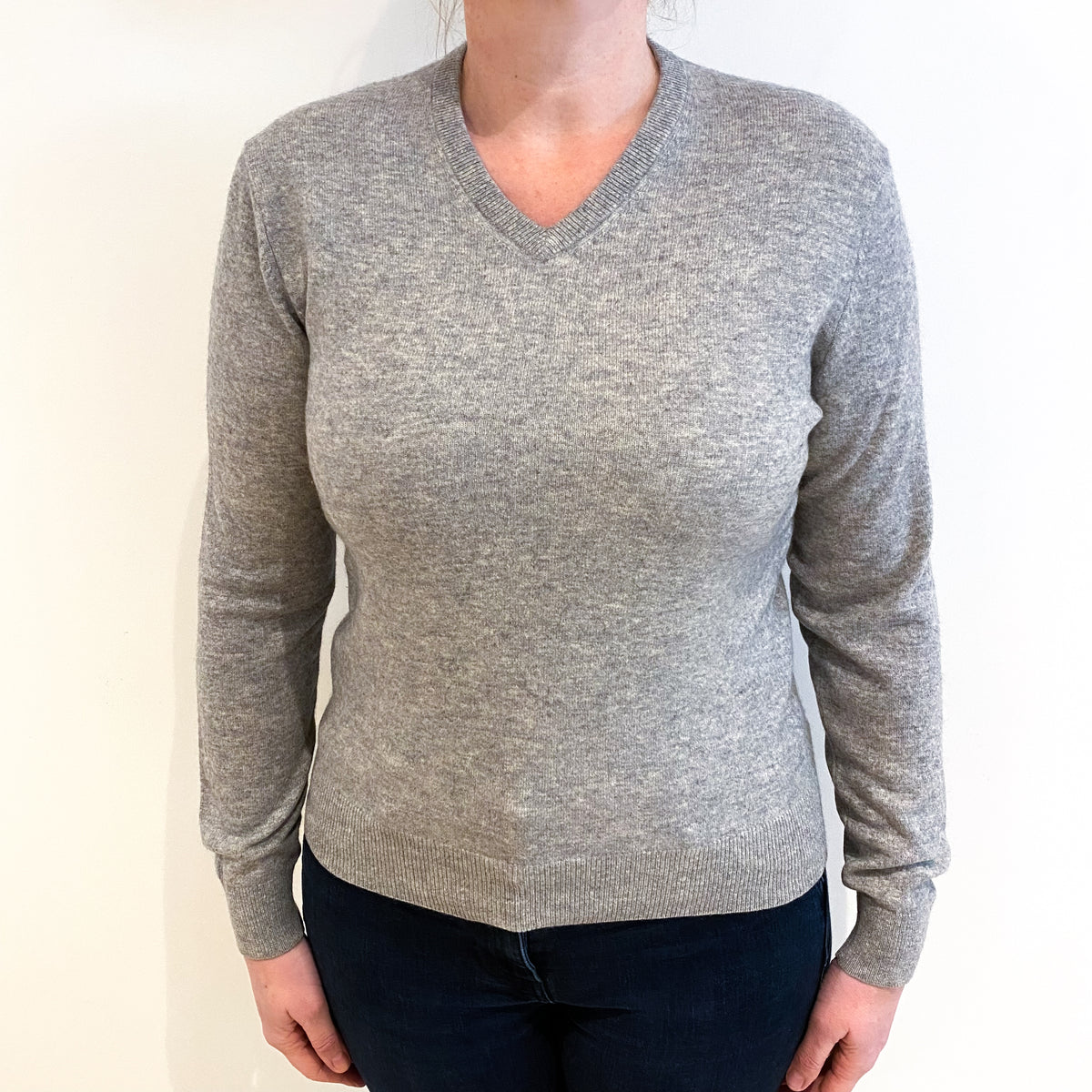 Smoke Grey Cashmere V Neck Jumper Large