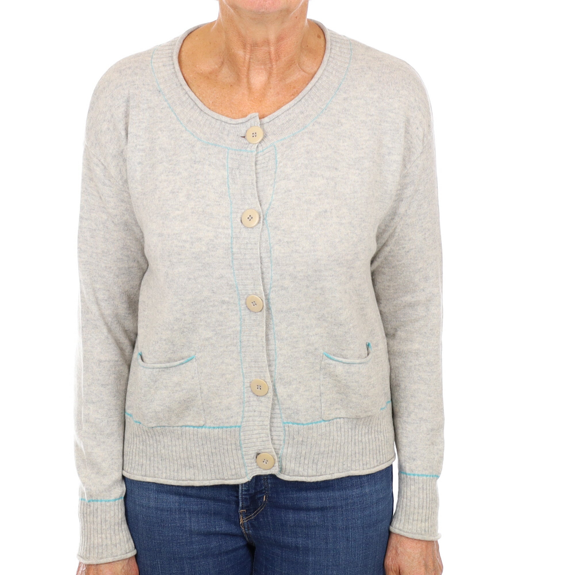 Grey Turquoise Trim Cashmere Crew Neck Cardigan with Pockets Medium