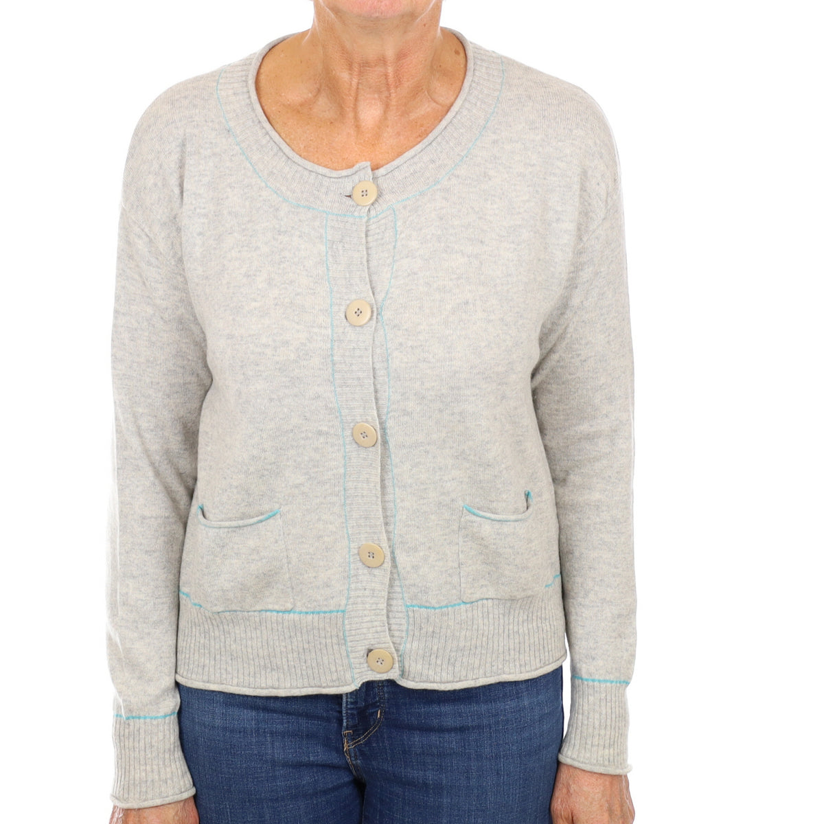 Grey Turquoise Trim Cashmere Crew Neck Cardigan with Pockets Medium