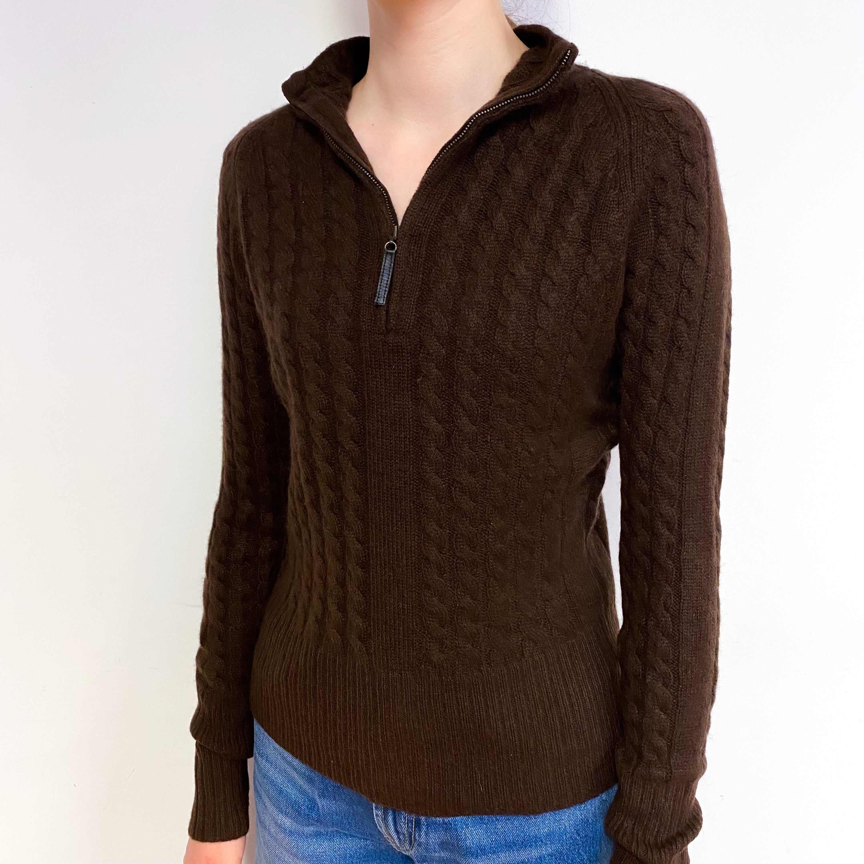 Chocolate Brown Cable Cashmere Zip Up Cardigan Extra Small
