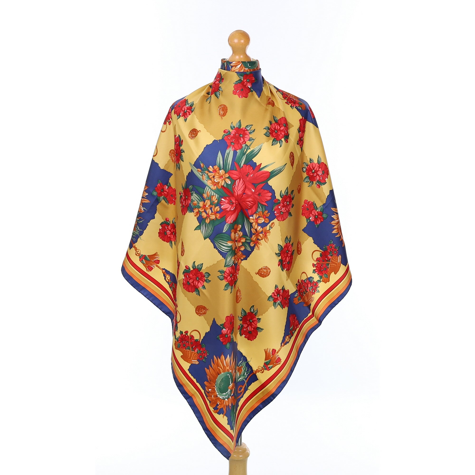 Yellow, Blue and Red Floral Vintage Silk Scarf