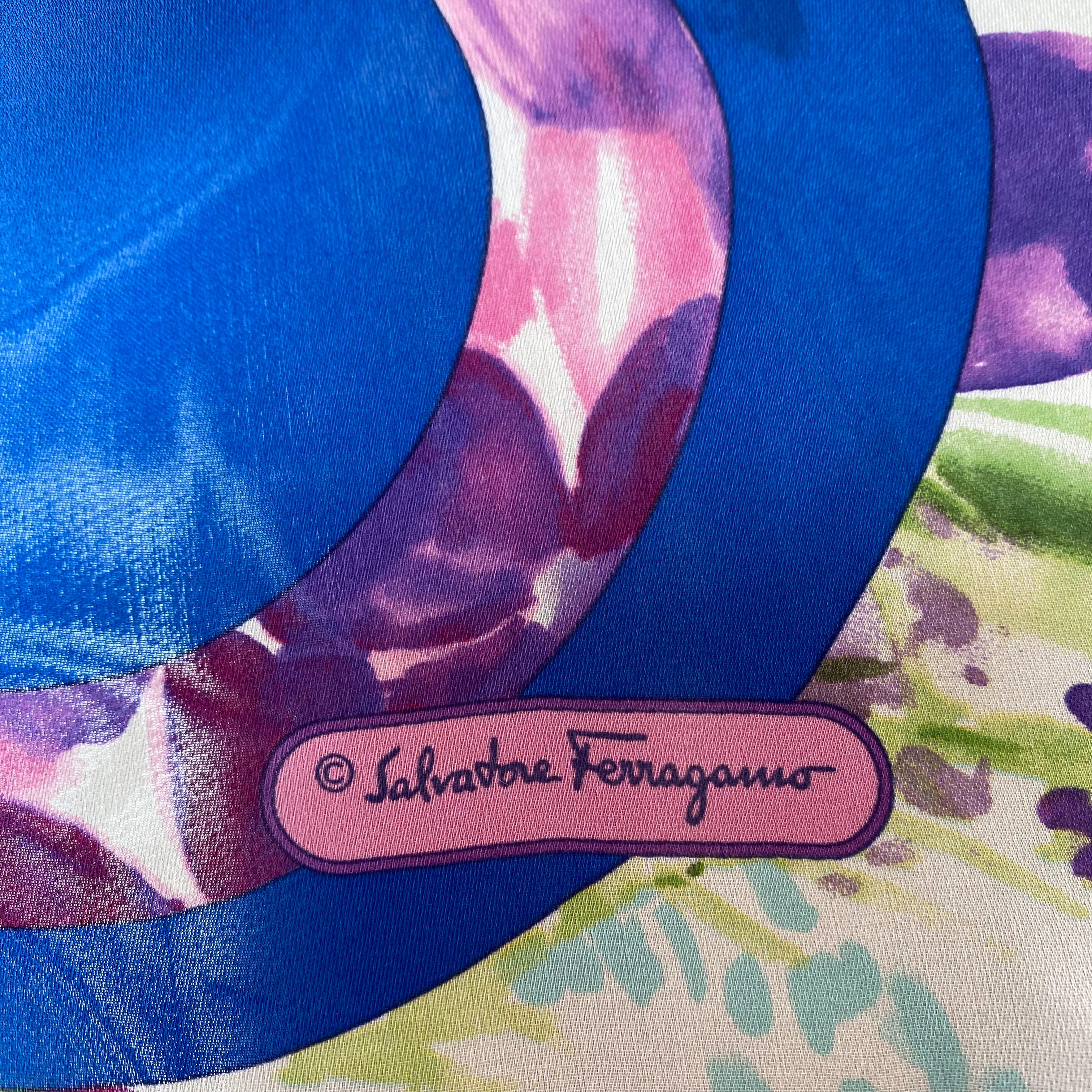 Salvadore Ferragamo Designer Blue Abstract Silk Scarf