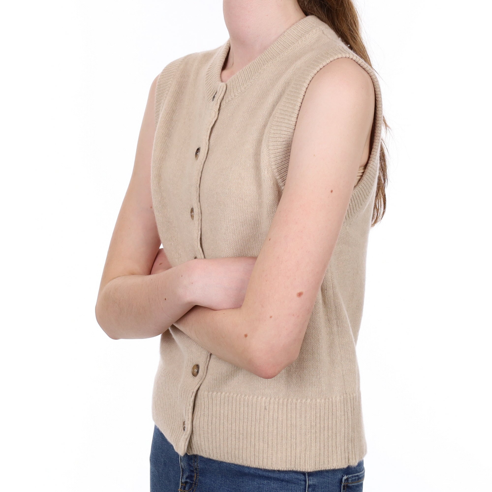 Brand New Oatmeal Luxury Cashmere Crew Neck Waistcoat Extra Small UK 6-8