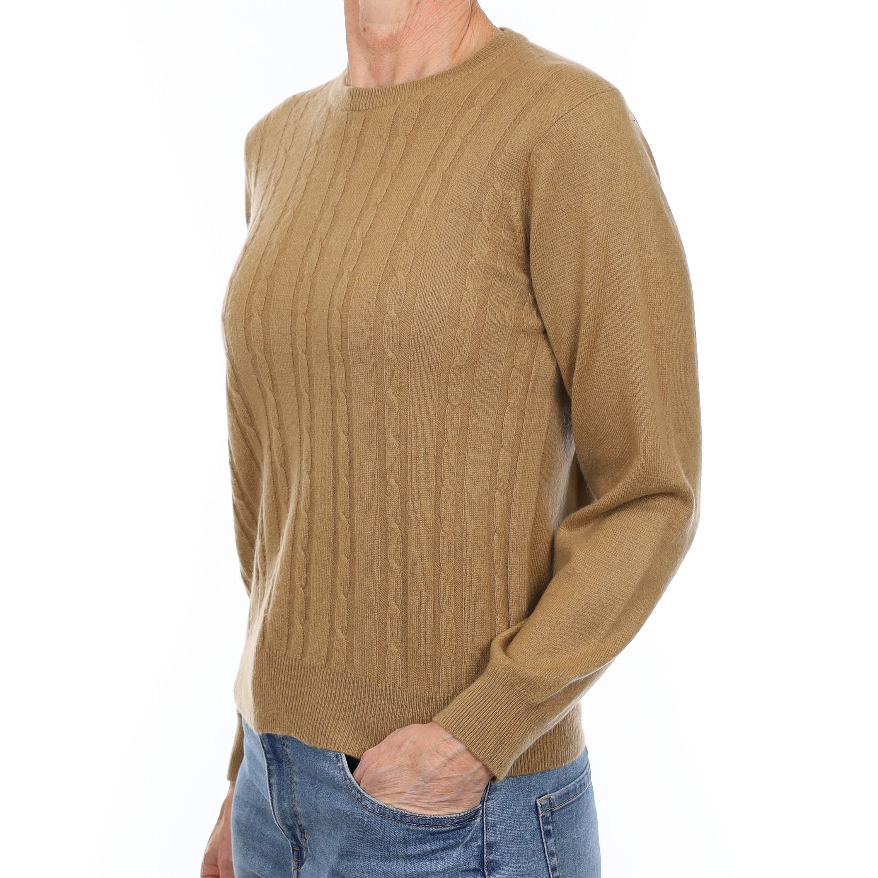 Toffee Brown Cable Front Cashmere Crew Neck Jumper Small