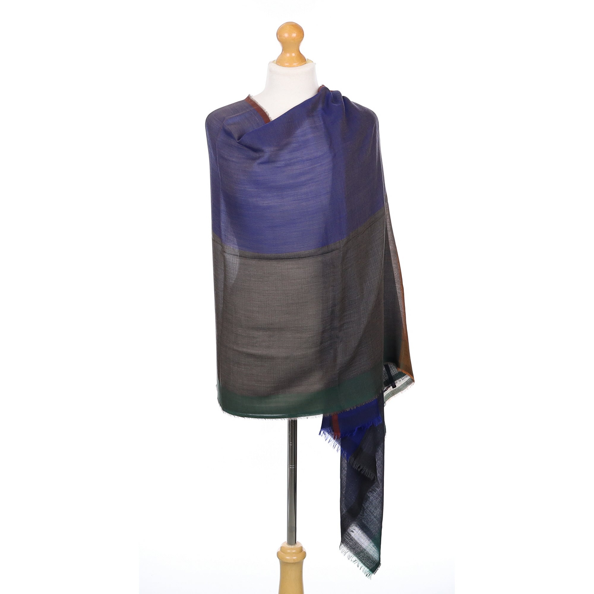 Scottish Begg & Co Blue and Grey Colour Block Fine Woven Cashmere Wrap