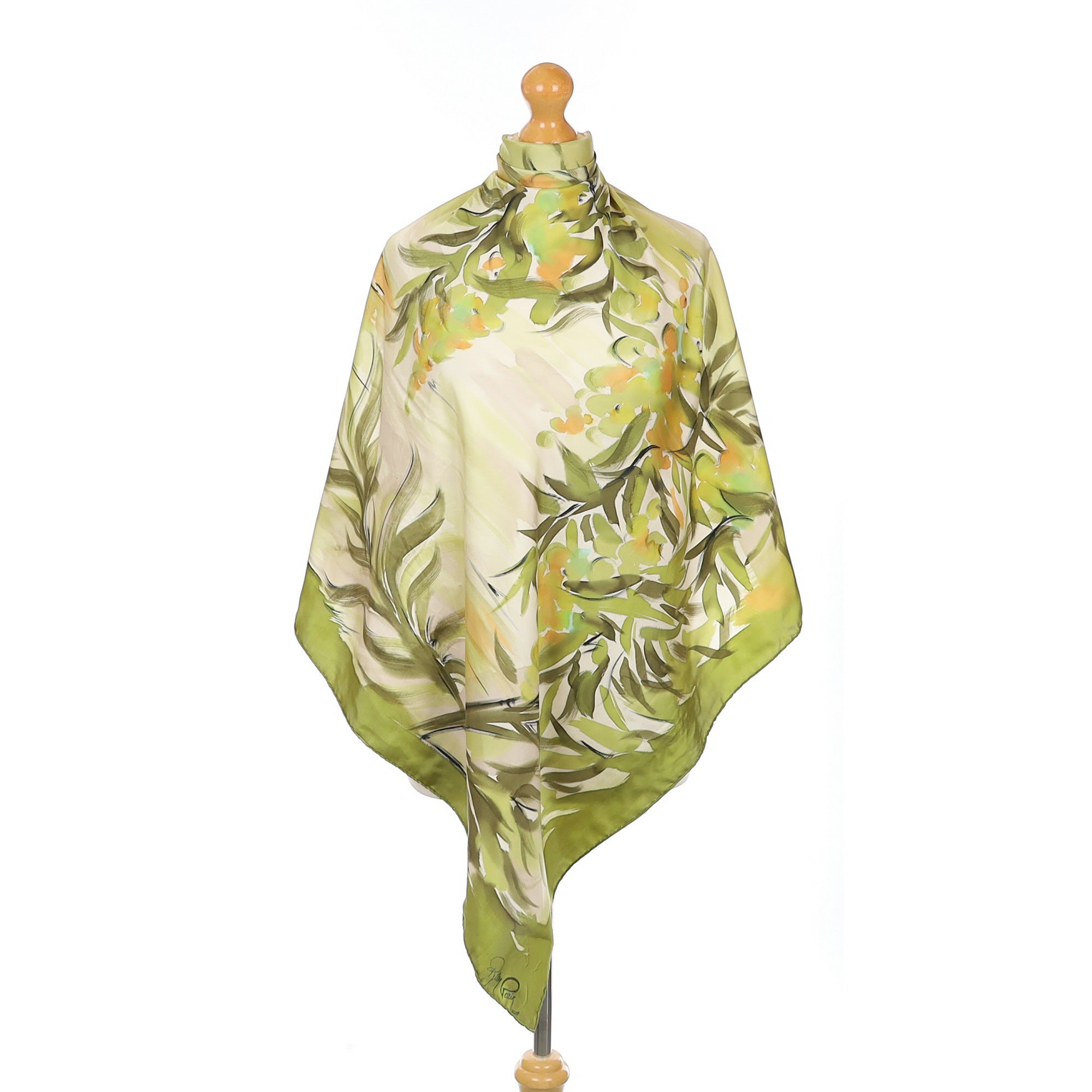 60’s/70’s French Vintage Green Botanical Silk Scarf