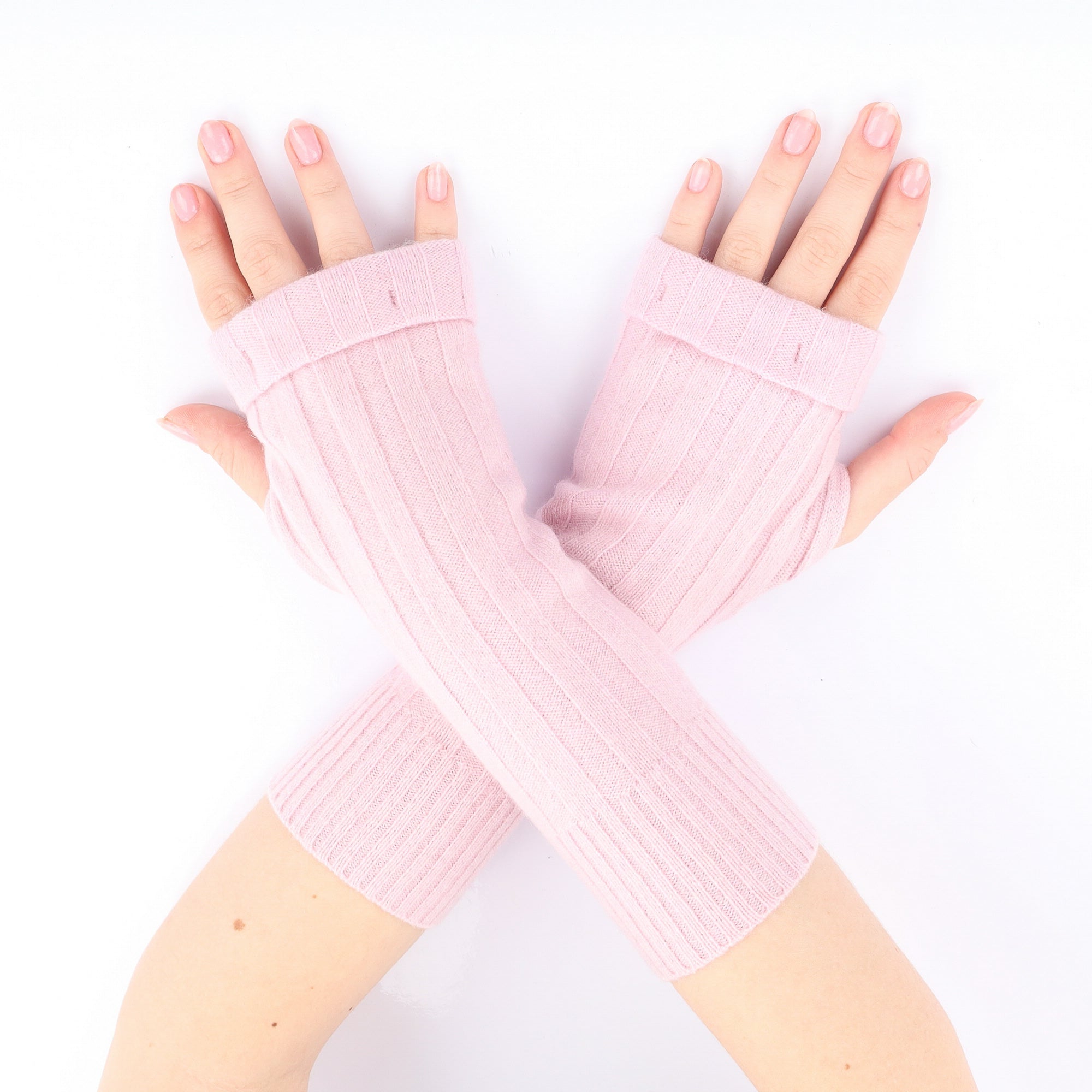 Ice Pink Ribbed Fingerless Gloves