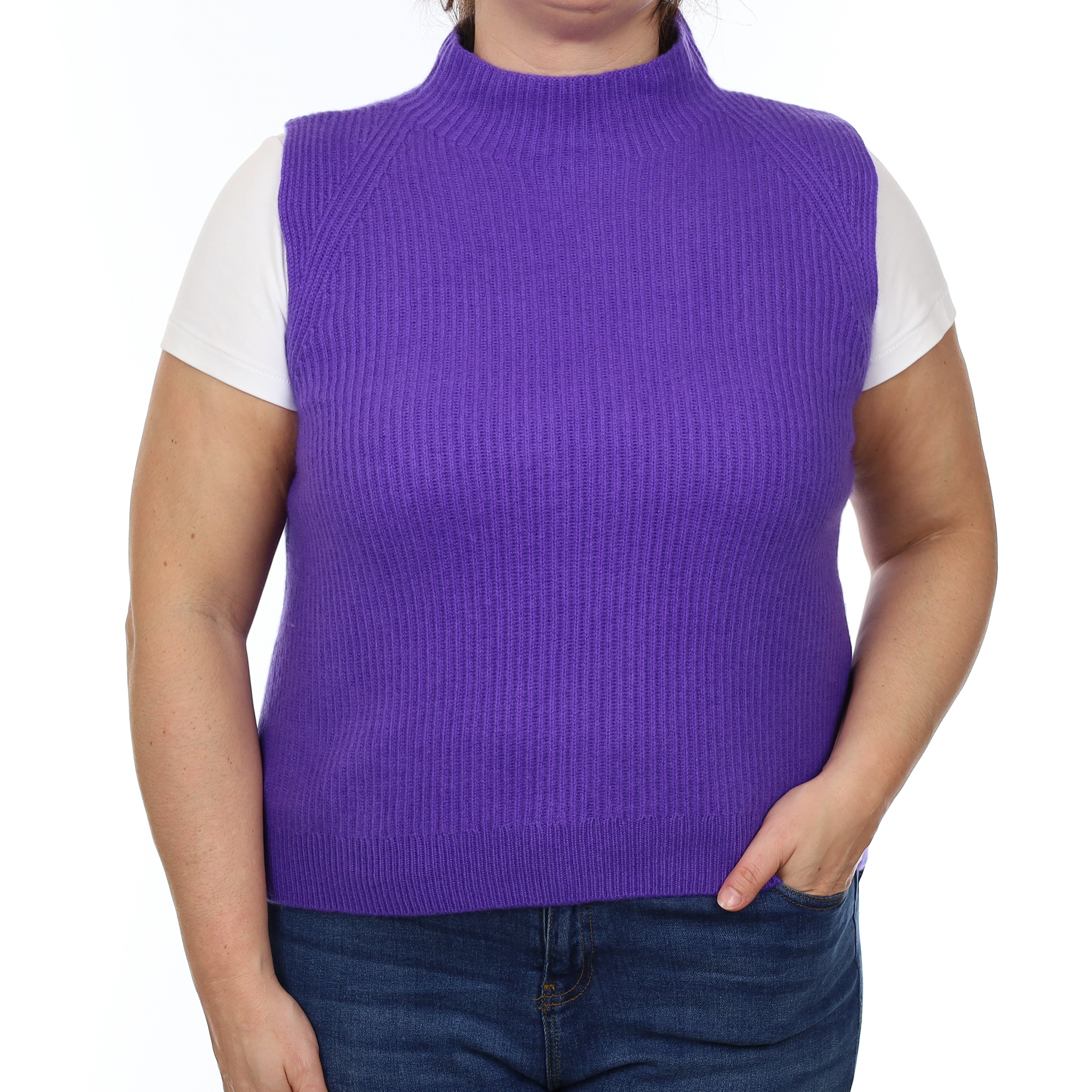 Pansy Purple Rib Cashmere Sleeveless Turtle Neck Jumper Large