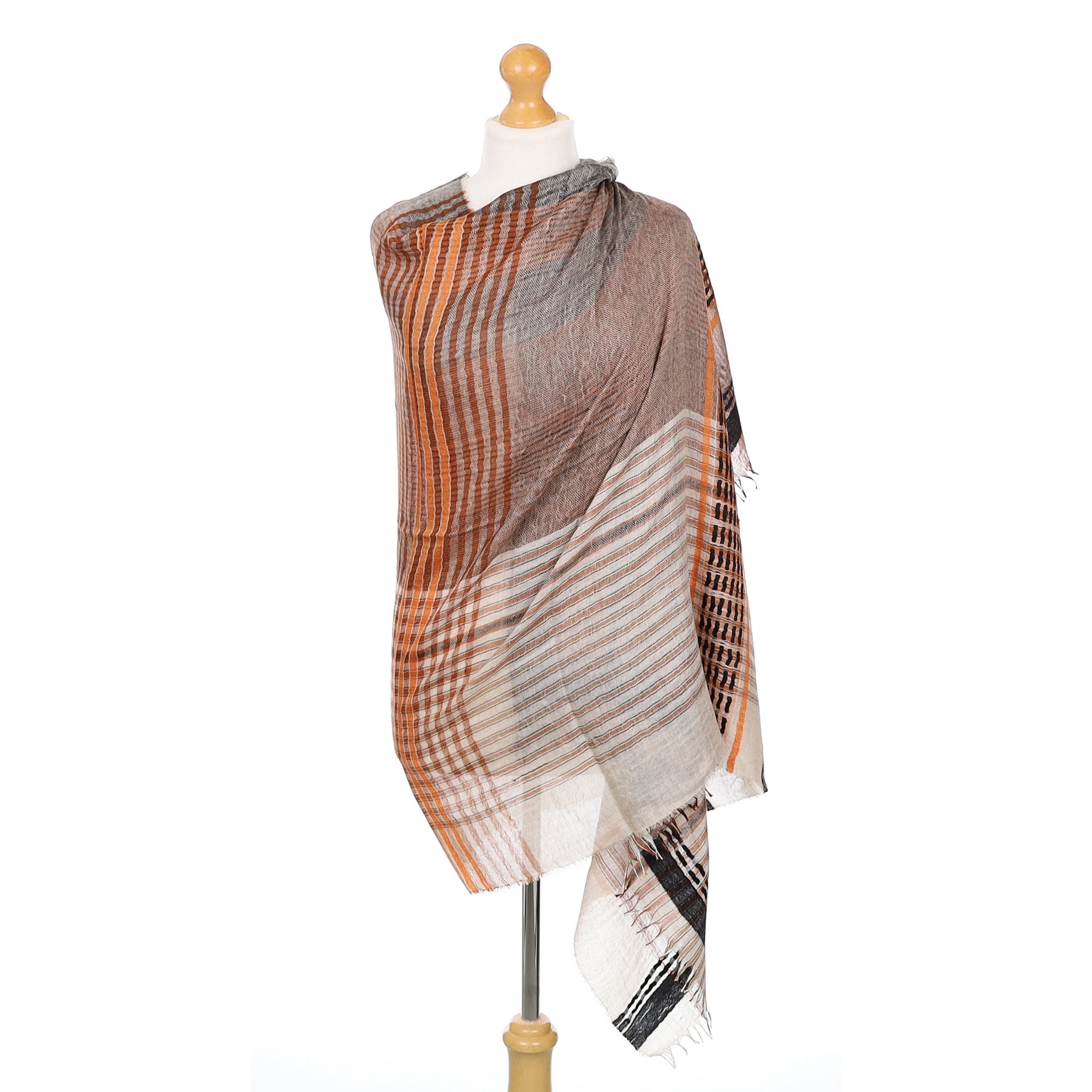 Scottish Begg & Co Orange and Chestnut Patterned Woven Cashmere & Silk Wrap