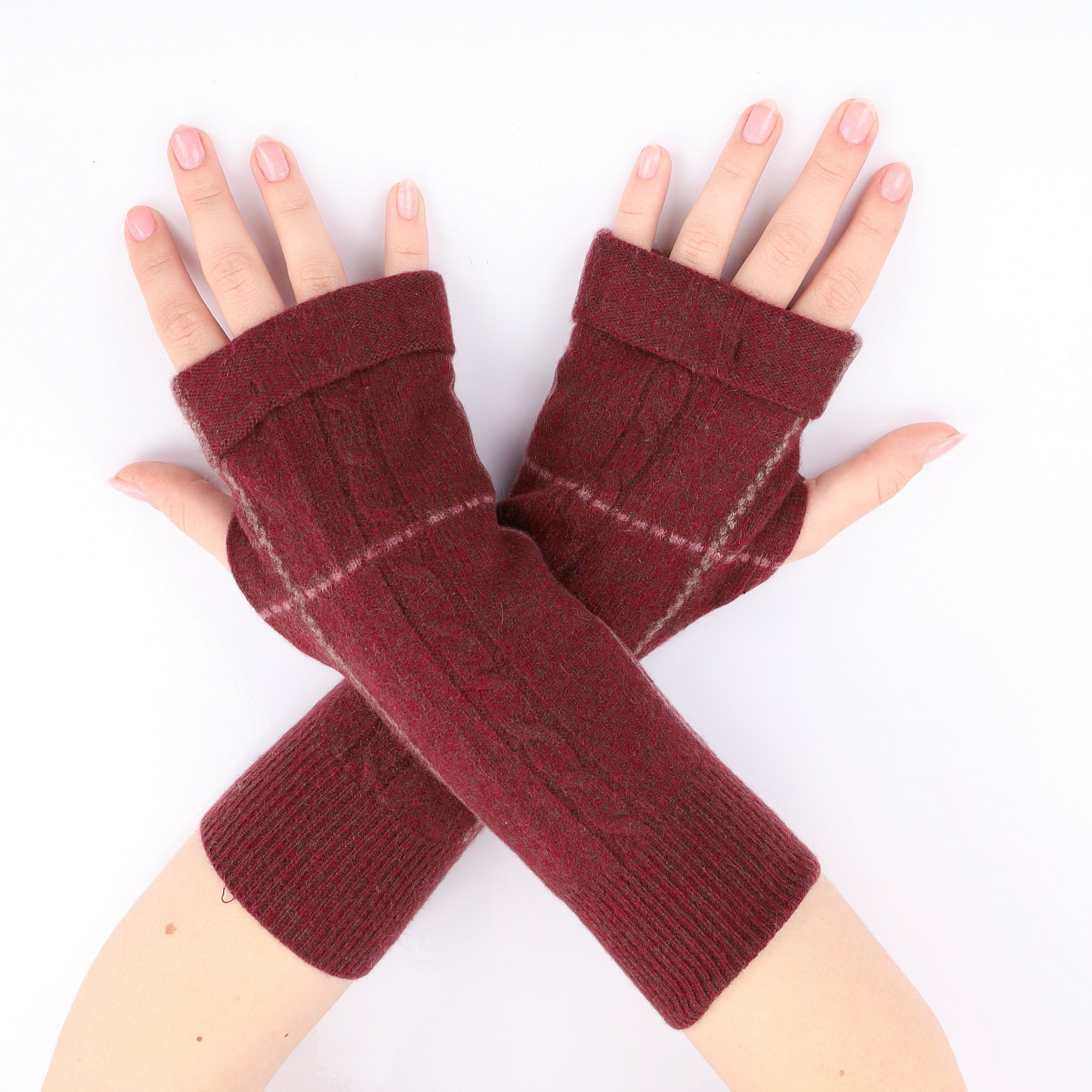 Wine Red Patterned Fingerless Gloves