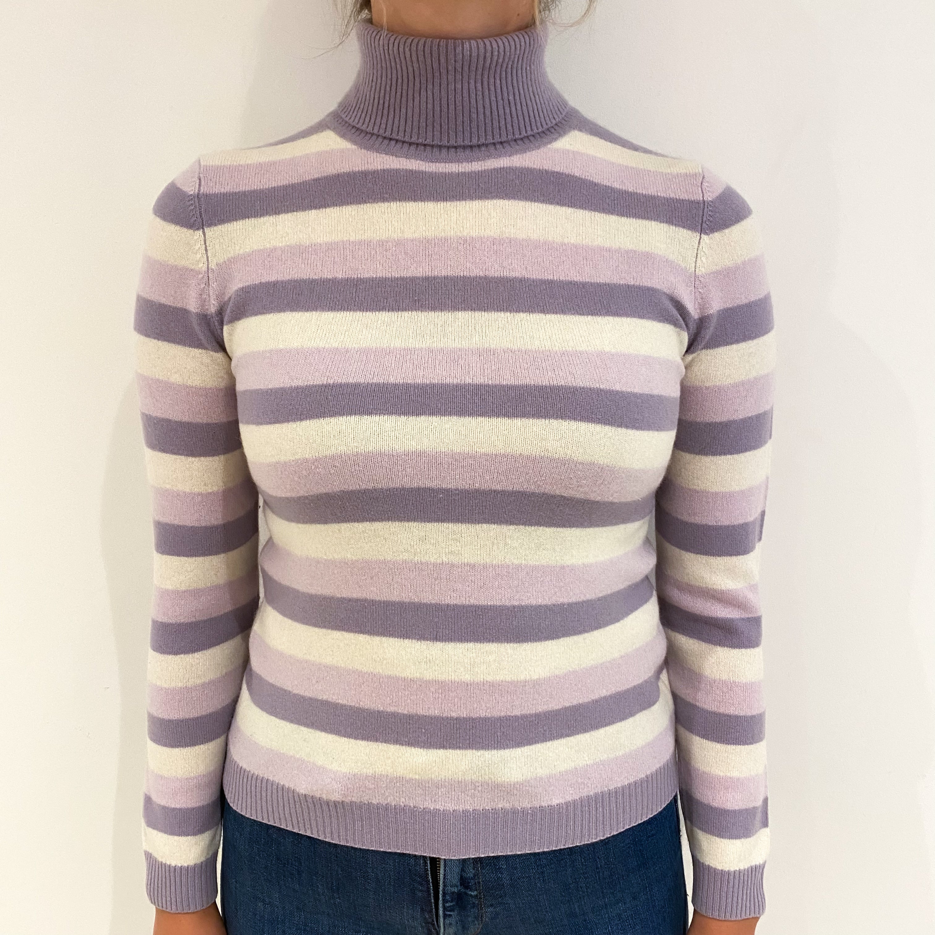 Pale Purple Stripe Cashmere Polo Neck Jumper Small