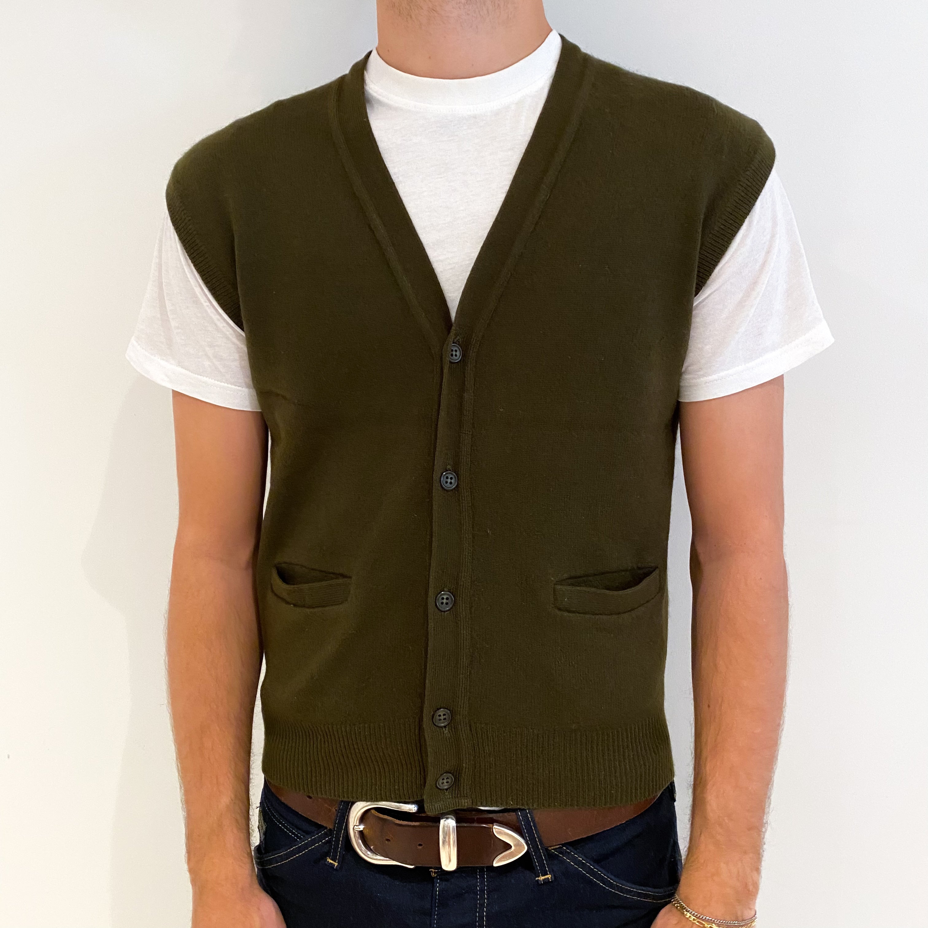 Men's Deep Khaki Green Cashmere V-Neck Waist Coat Medium