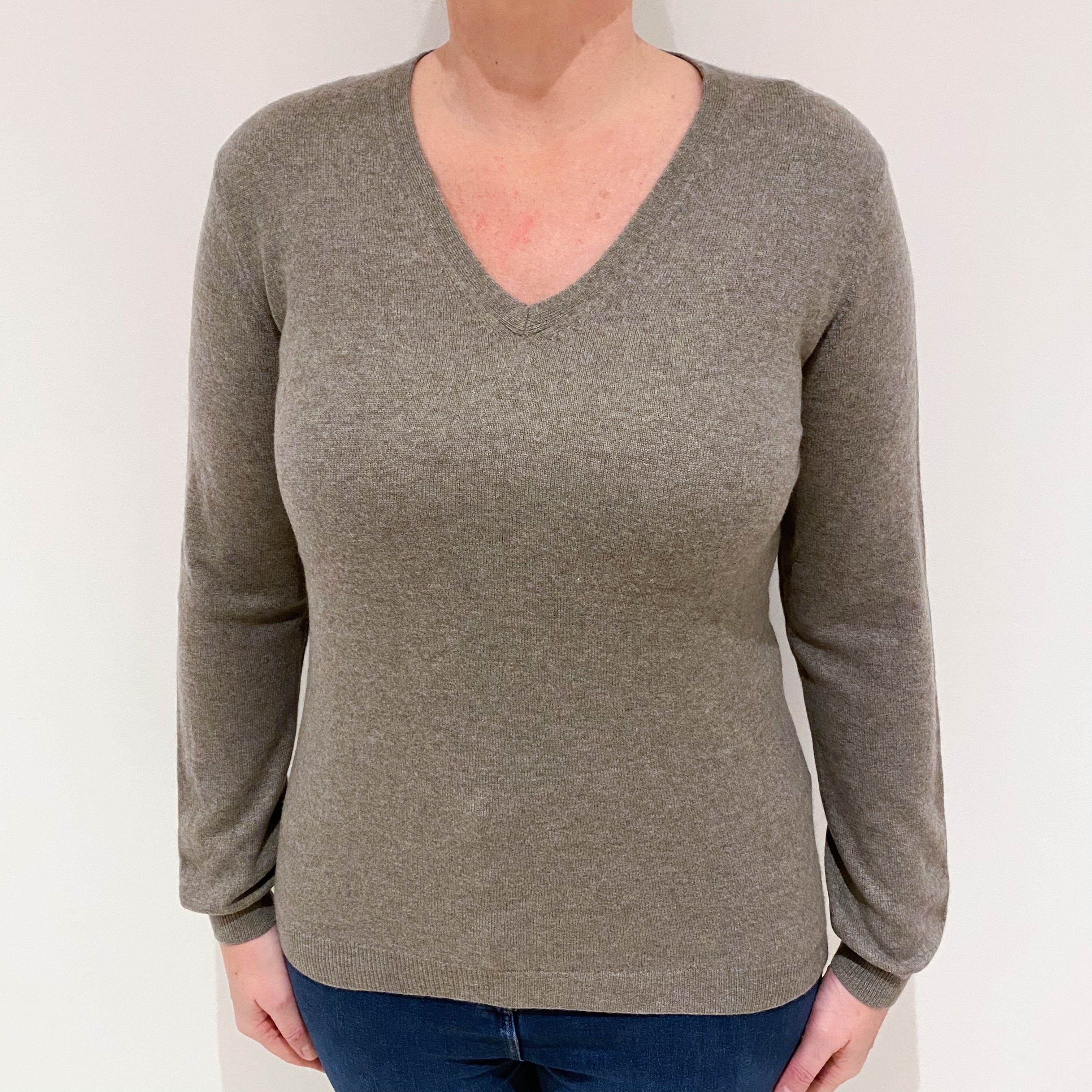 Mink Brown Cashmere V-Neck Jumper Large