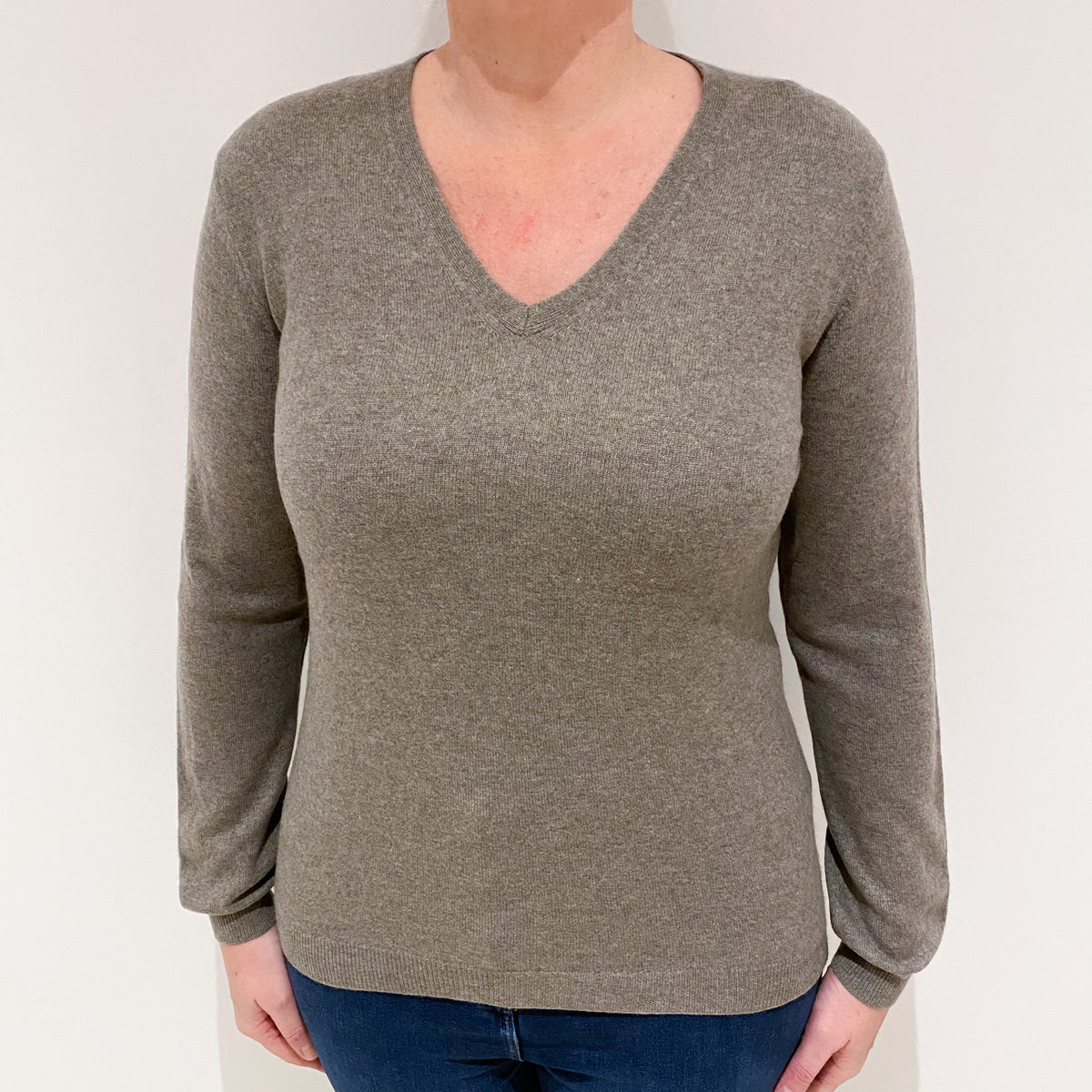 Mink Brown Cashmere V-Neck Jumper Large