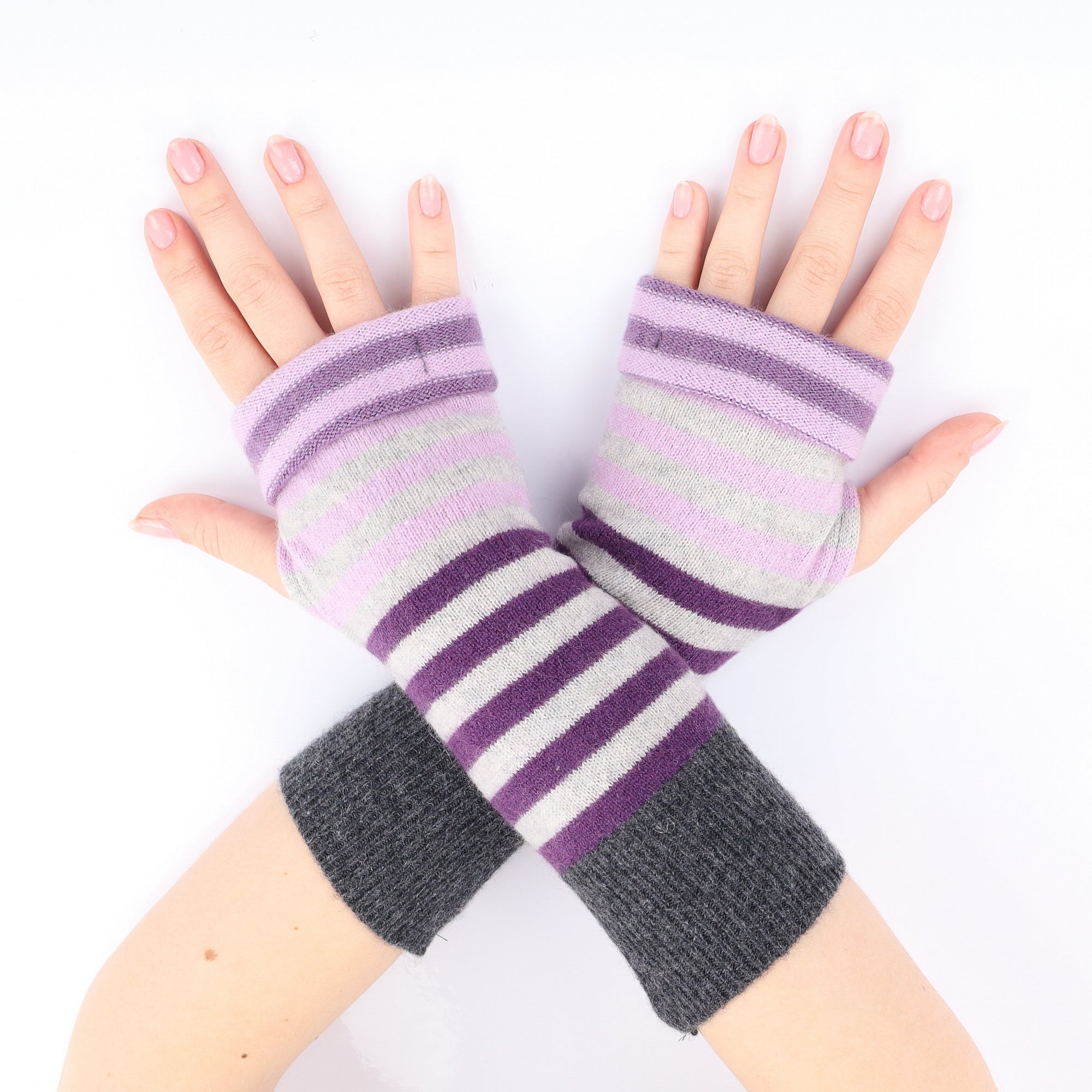Purple & Grey Stripe Fingerless Gloves