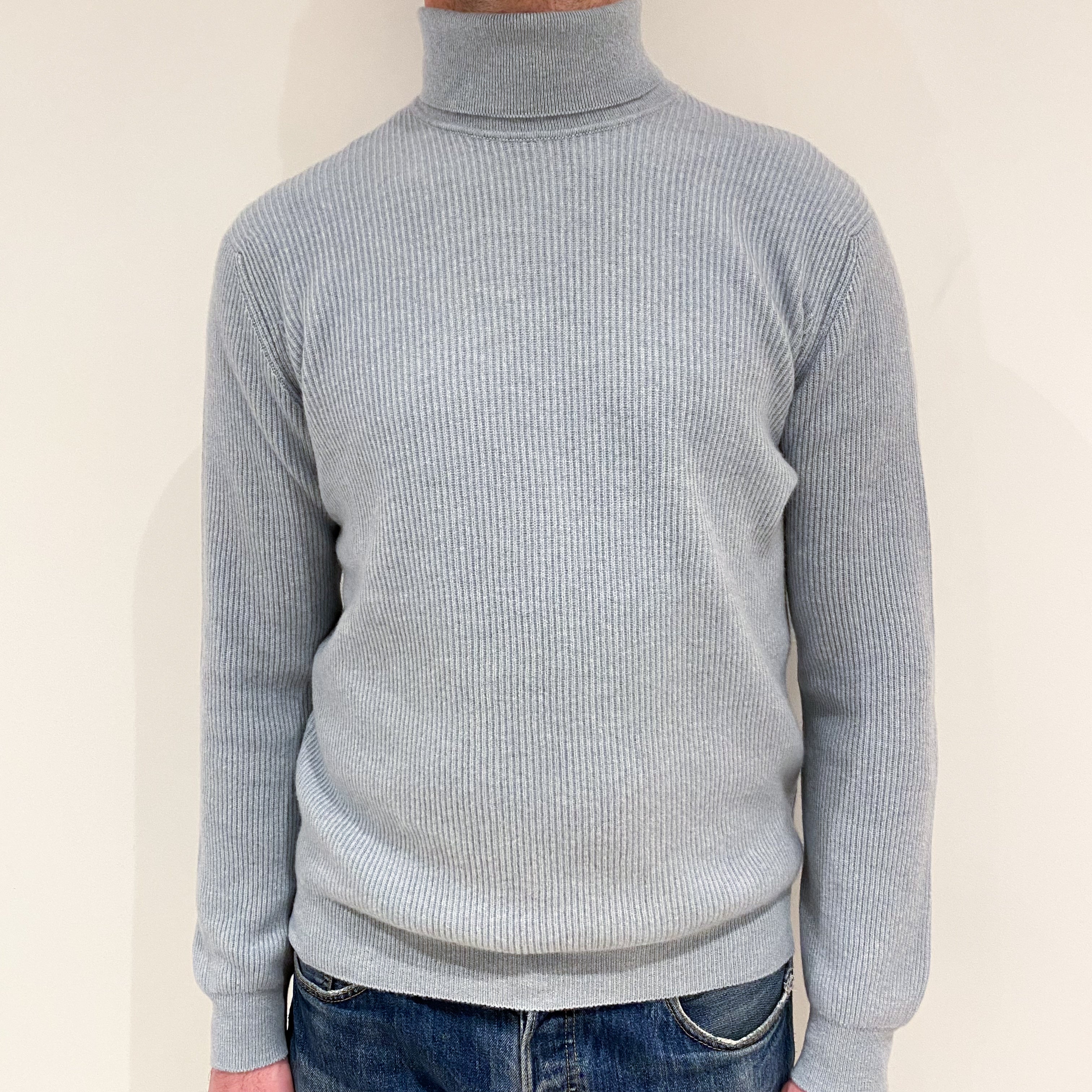 Men’s Brand New Scottish Pale Blue Rib Polo Neck Jumper Extra Large