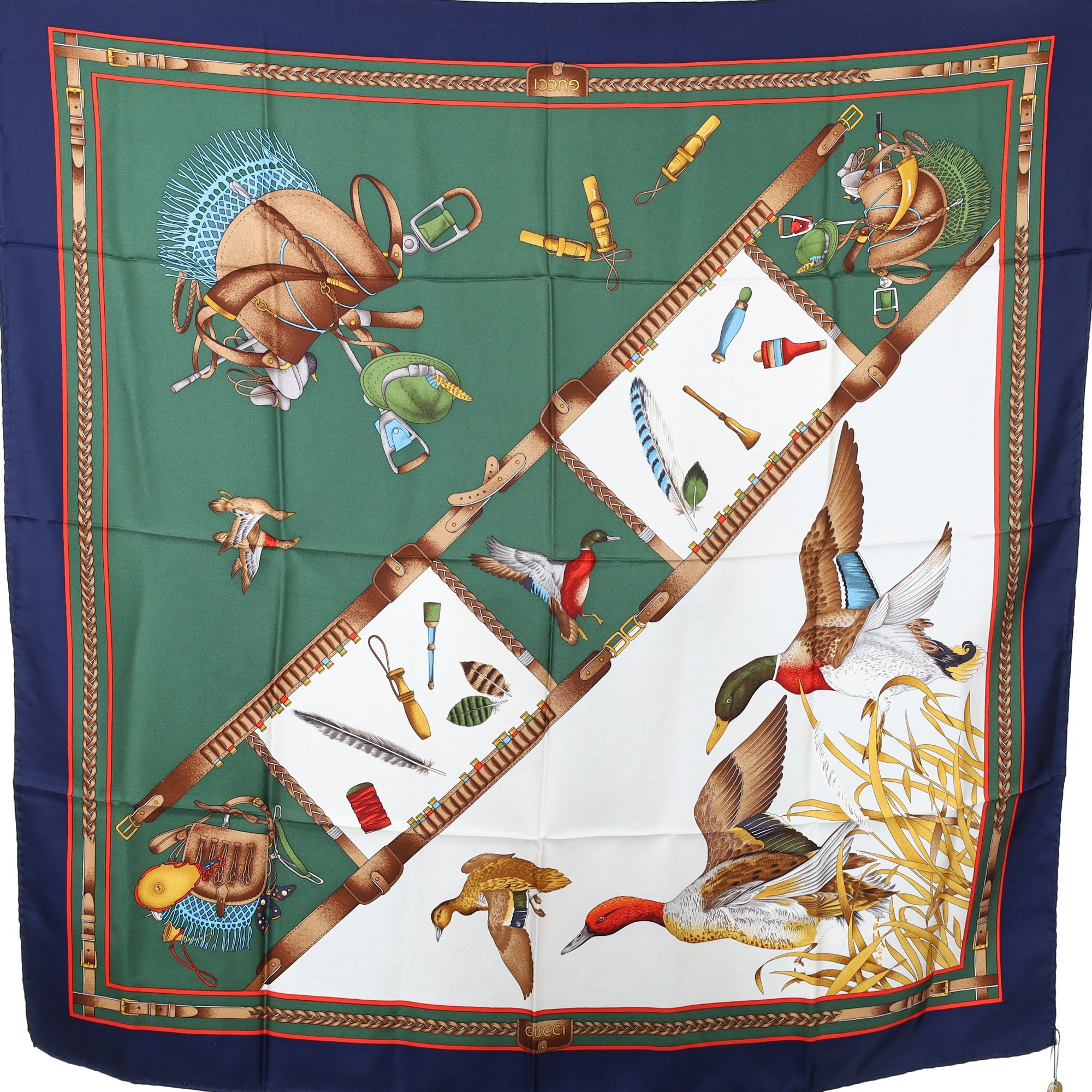 Brand New Gucci Duck Hunt Green and Navy Vintage Silk Scarf