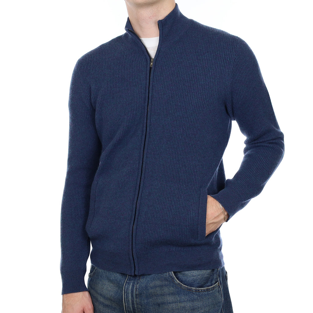 Men’s Brand New Scottish Petrol Blue Rib Cashmere Zip Up Cardigan with Pockets Medium
