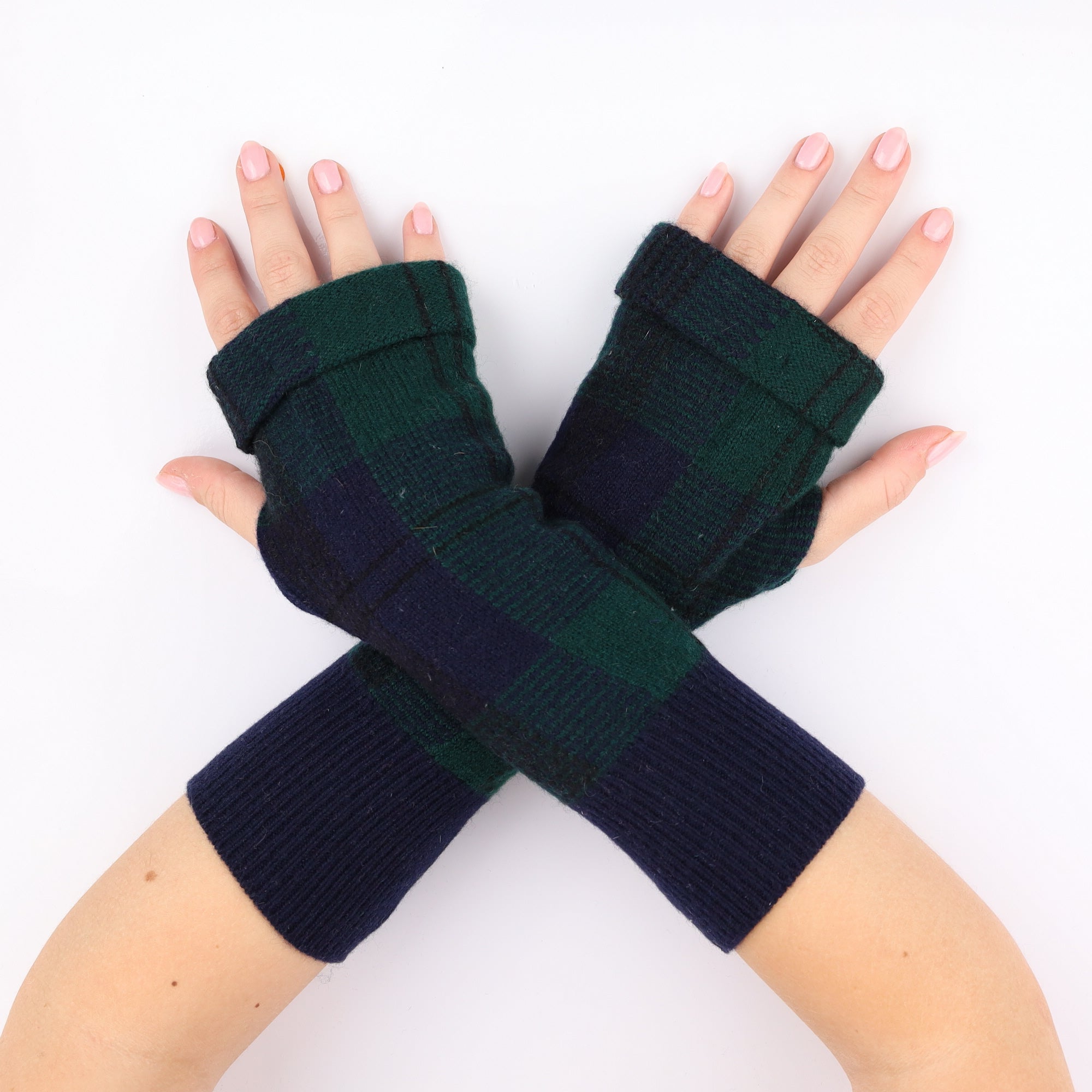 Green and Navy Tartan Fingerless Gloves