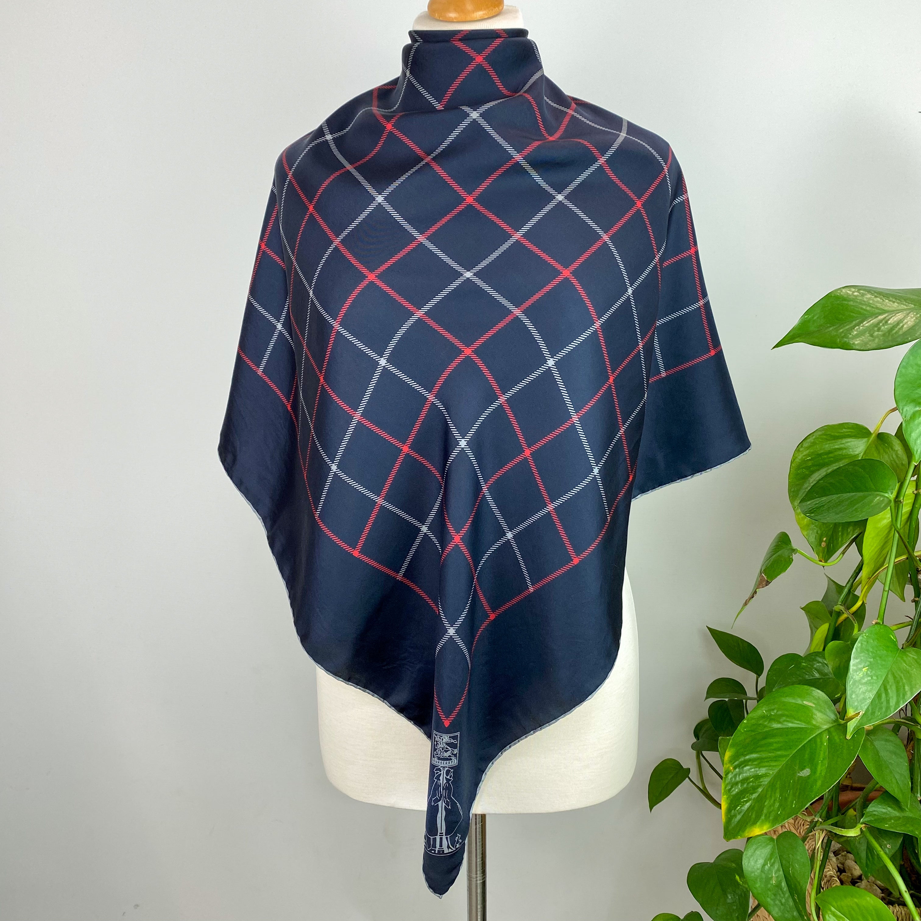 Burberrys Navy Check Vintage Silk Scarf