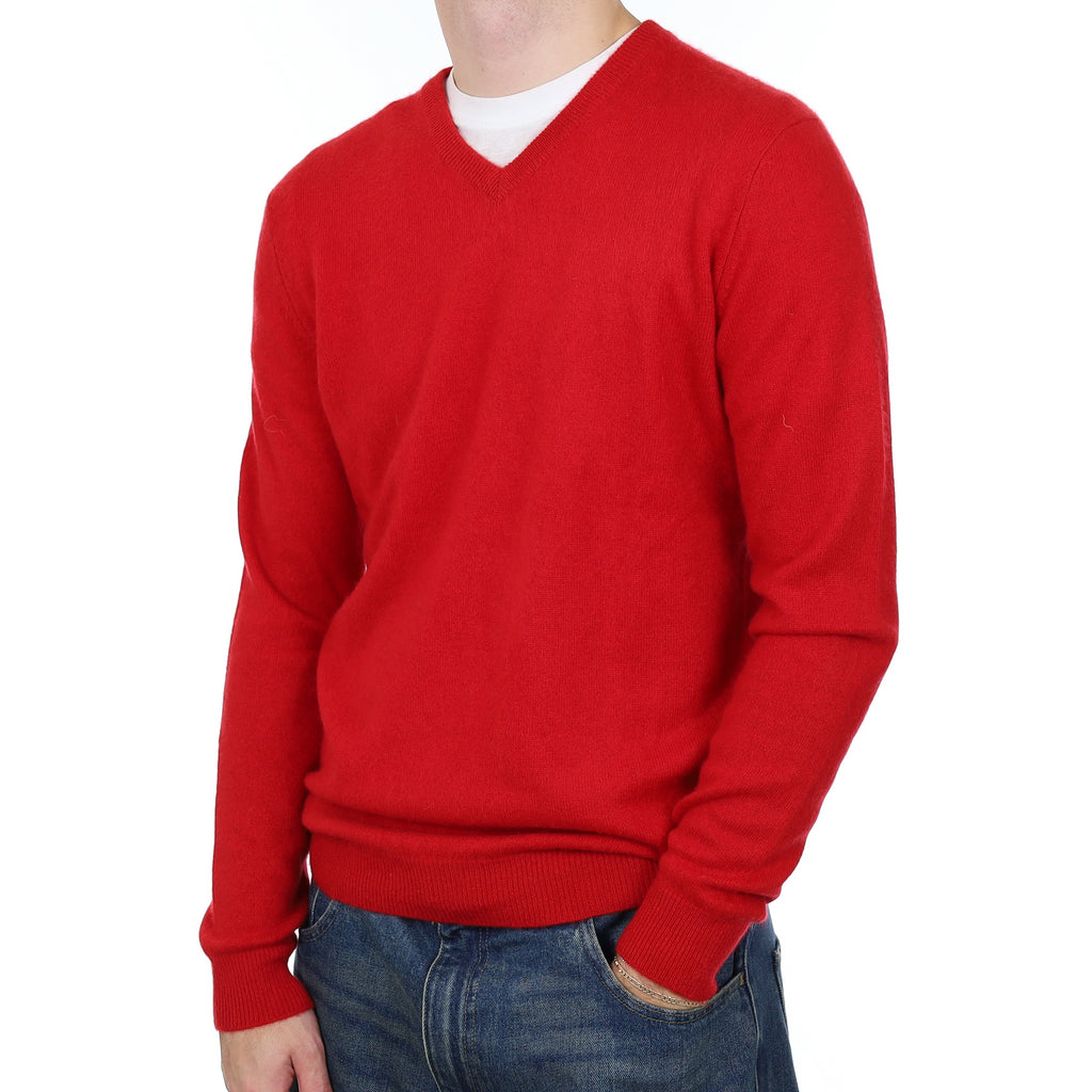 Men’s Post Box Red Cashmere V Neck Jumper Medium