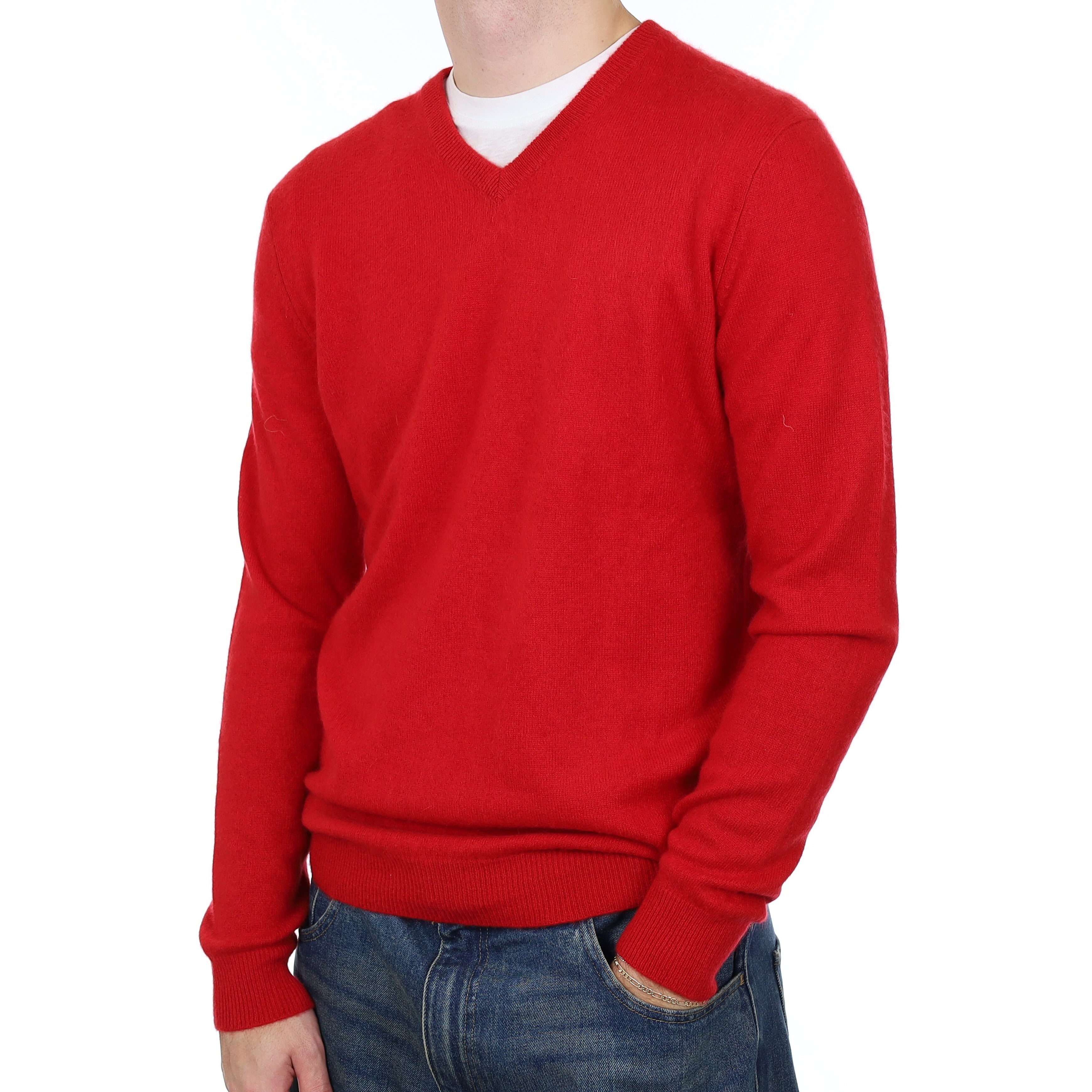 Men’s Post Box Red Cashmere V Neck Jumper Medium