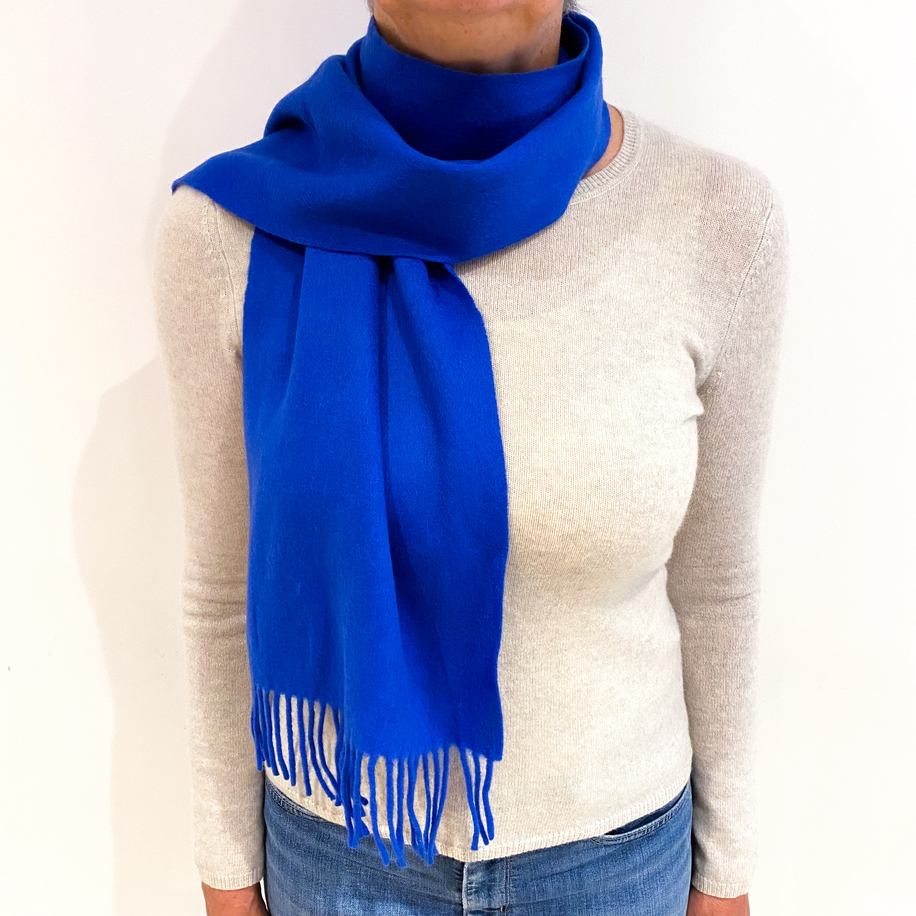 Azure Blue Cashmere Woven Fringed Scarf