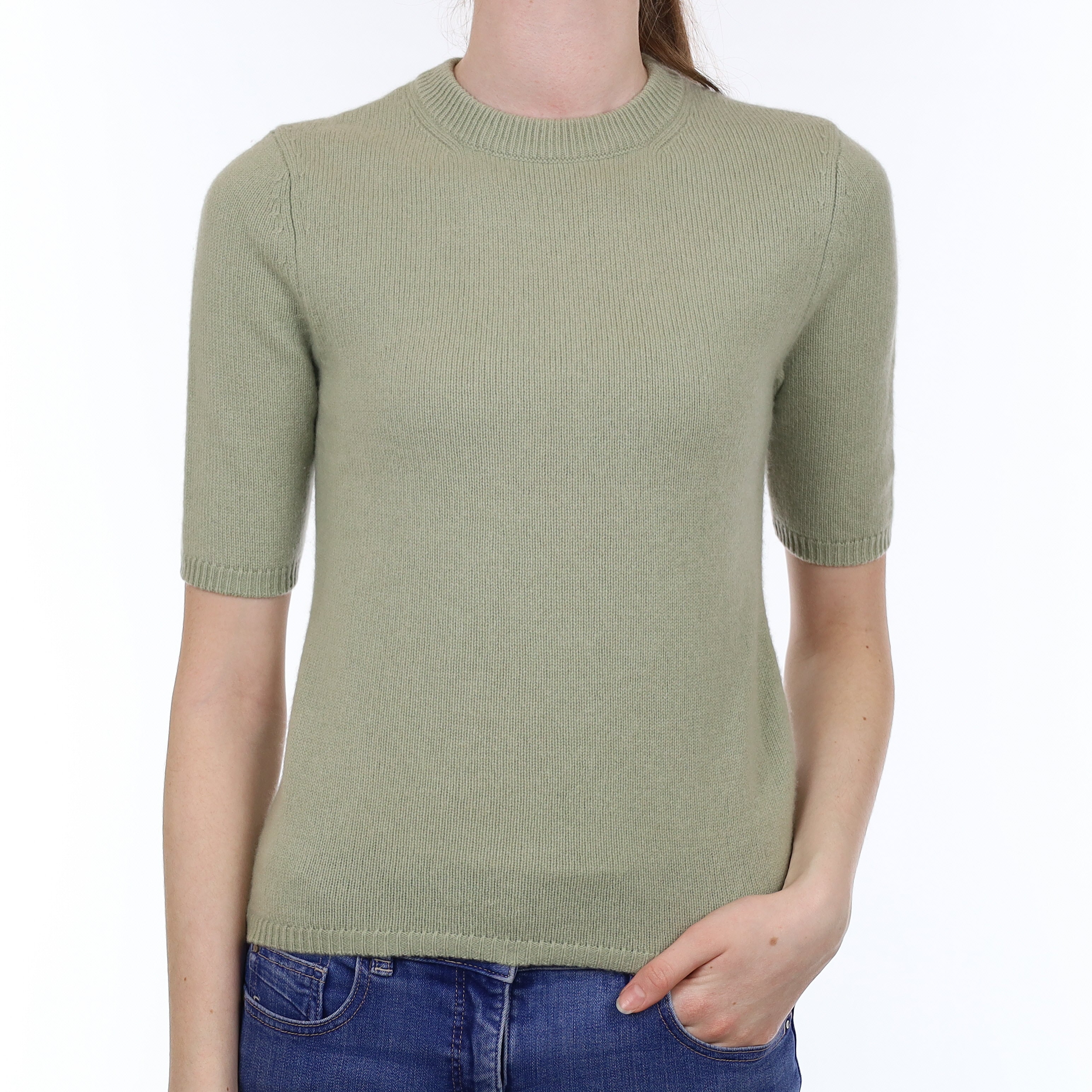 Hazy Green Cashmere Short Sleeved Crew Neck Jumper Extra Small