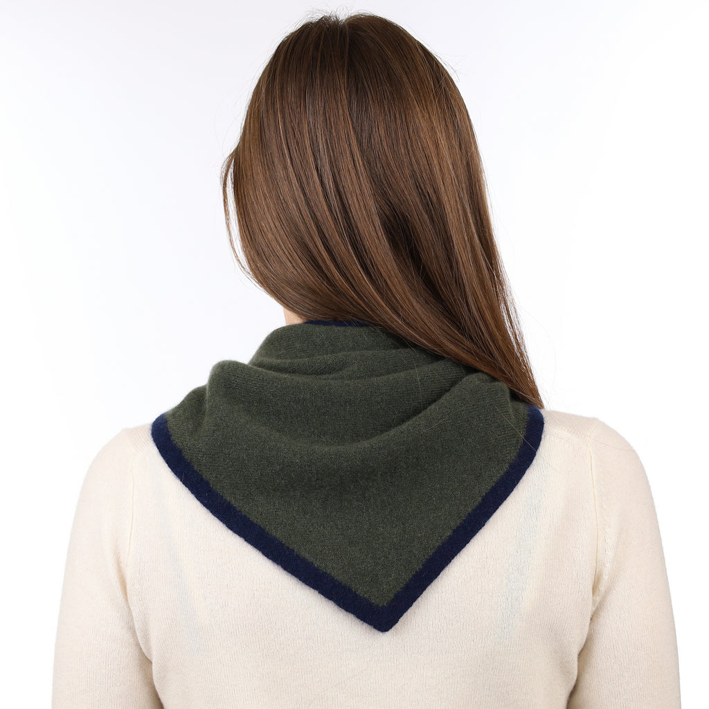Brand New Khaki Green and Navy Recycled Cashmere Triangle Scarf