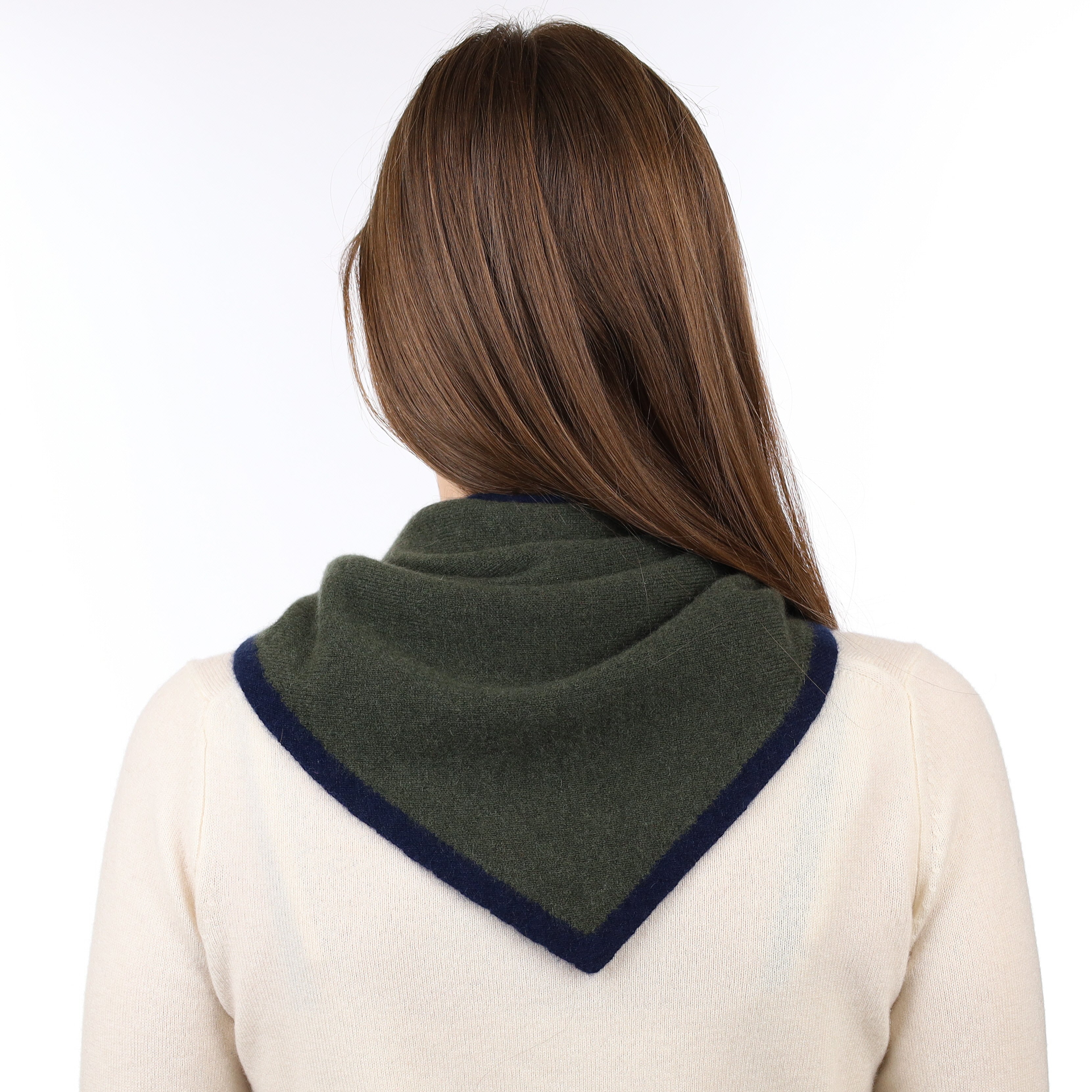 Brand New Khaki Green and Navy Recycled Cashmere Triangle Scarf