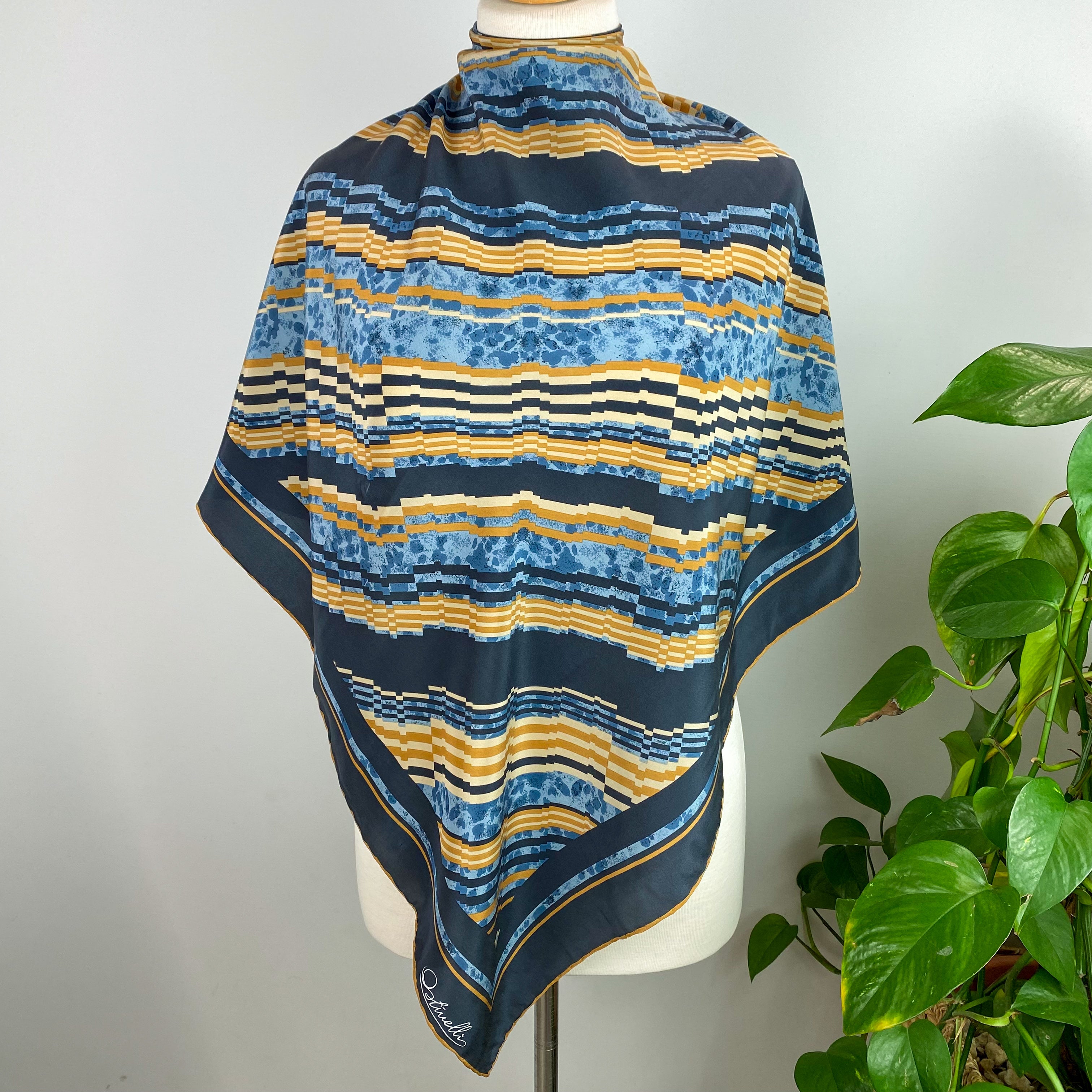 Immaculate 1970’s Ostinelli Navy Striped Silk Scarf