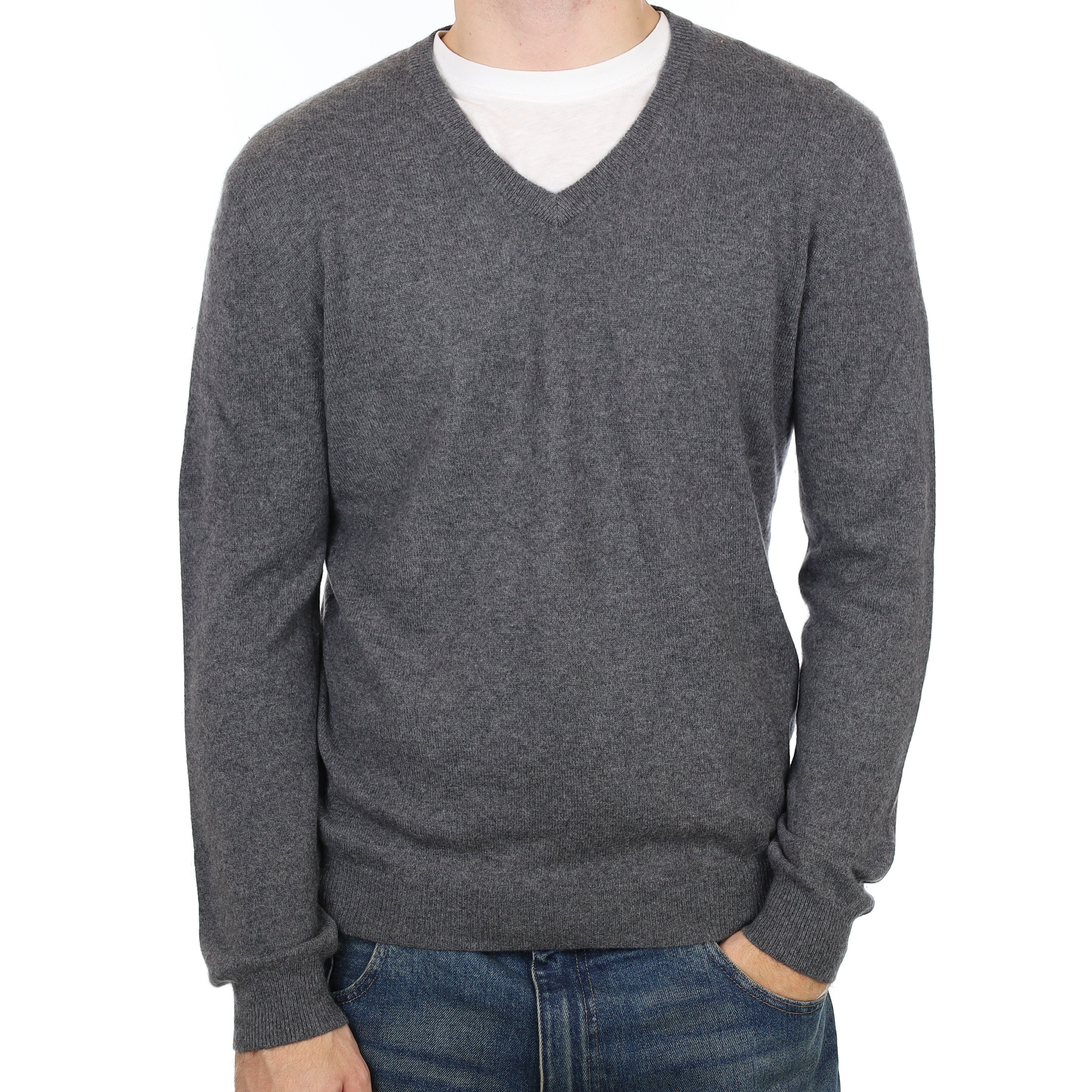 Men’s Slate Grey Cashmere V Neck Jumper Large