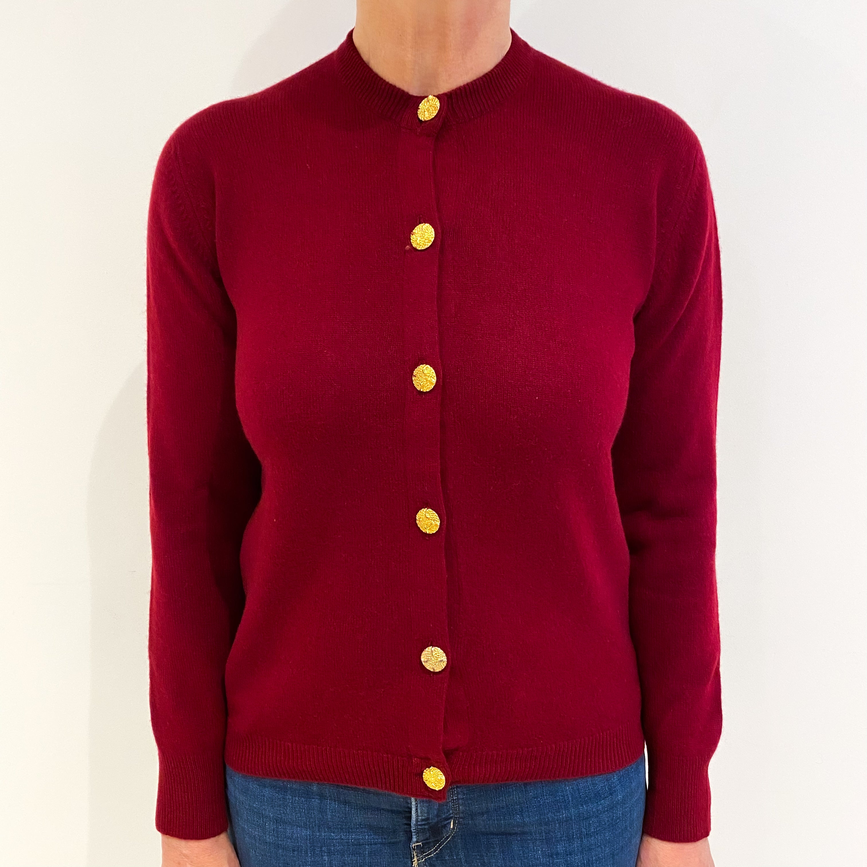 Garnet Red Cashmere Crew Neck Cardigan Medium