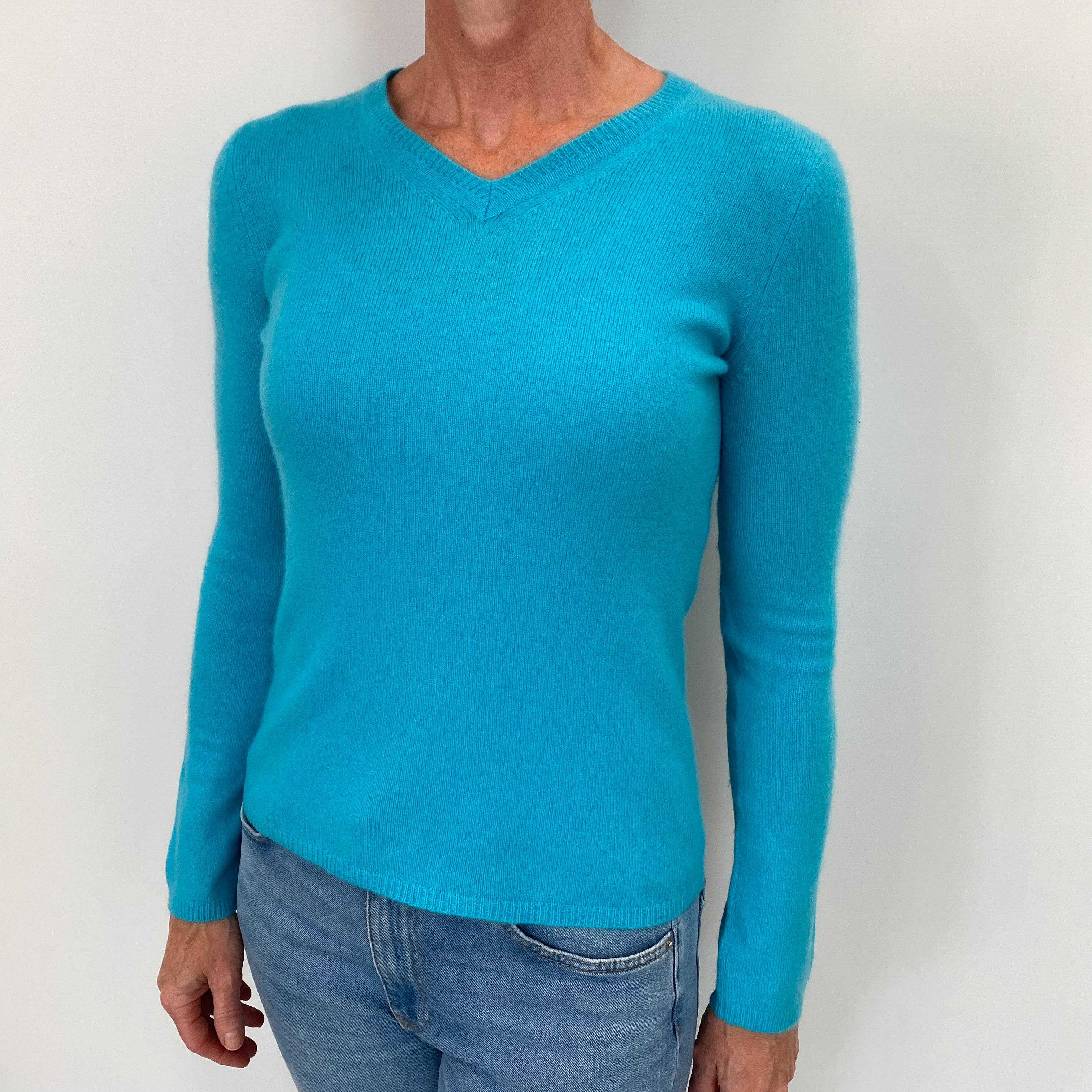 Turquoise Blue Cashmere V Neck Jumper Small