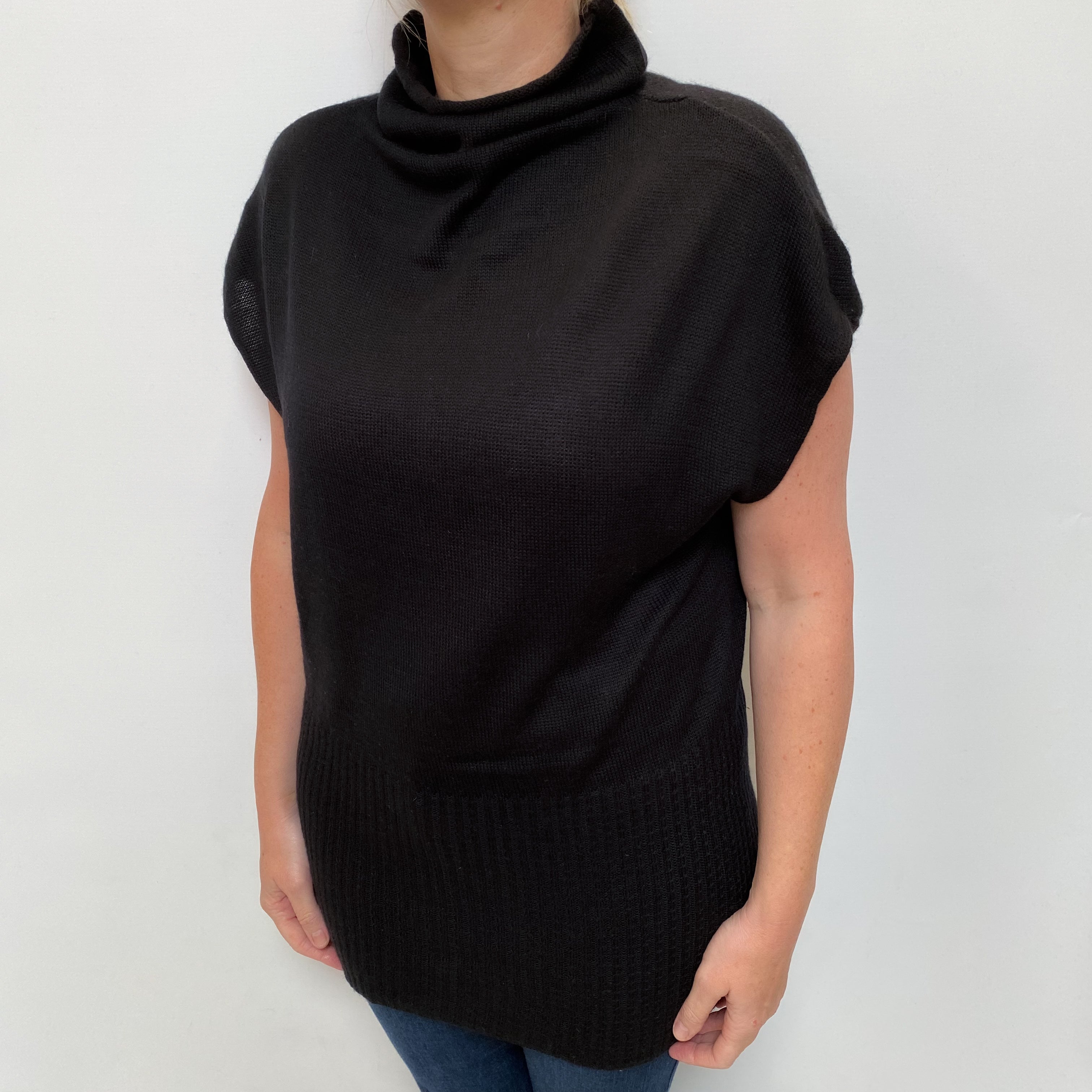 Black Cashmere Capped Sleeve Funnel Neck Jumper Large