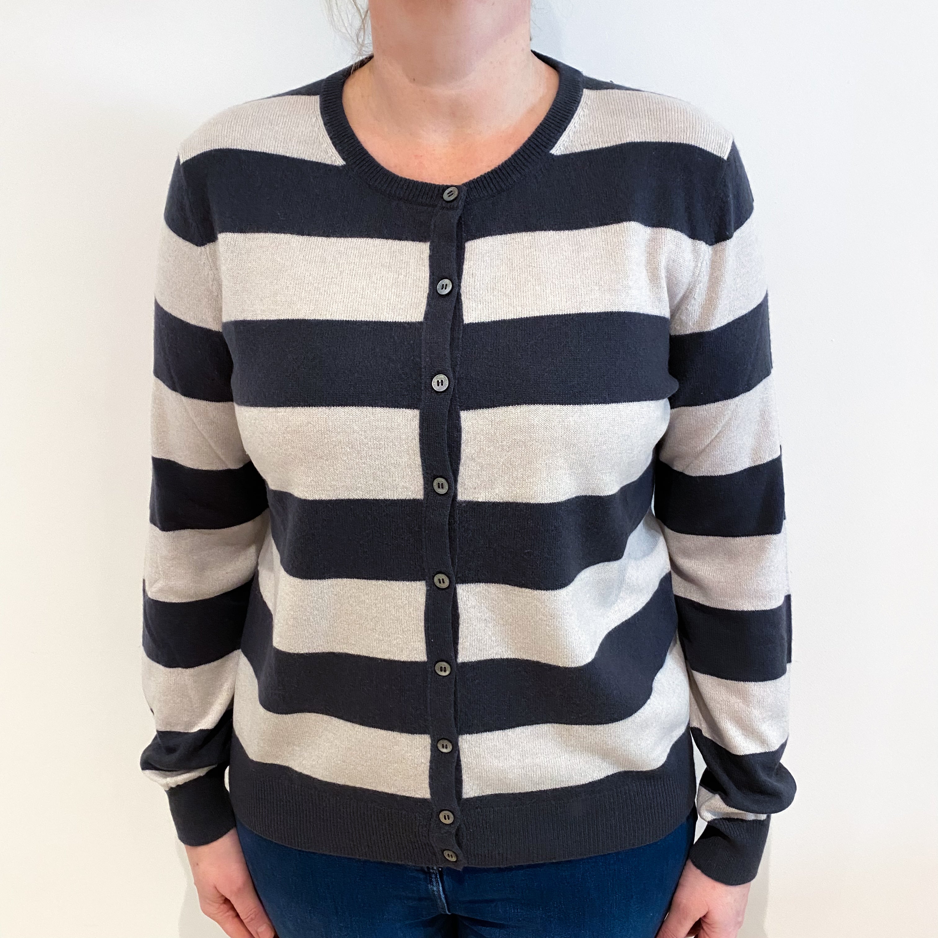 Charcoal and Alabaster Stripe Cashmere Crew Neck Cardigan Large