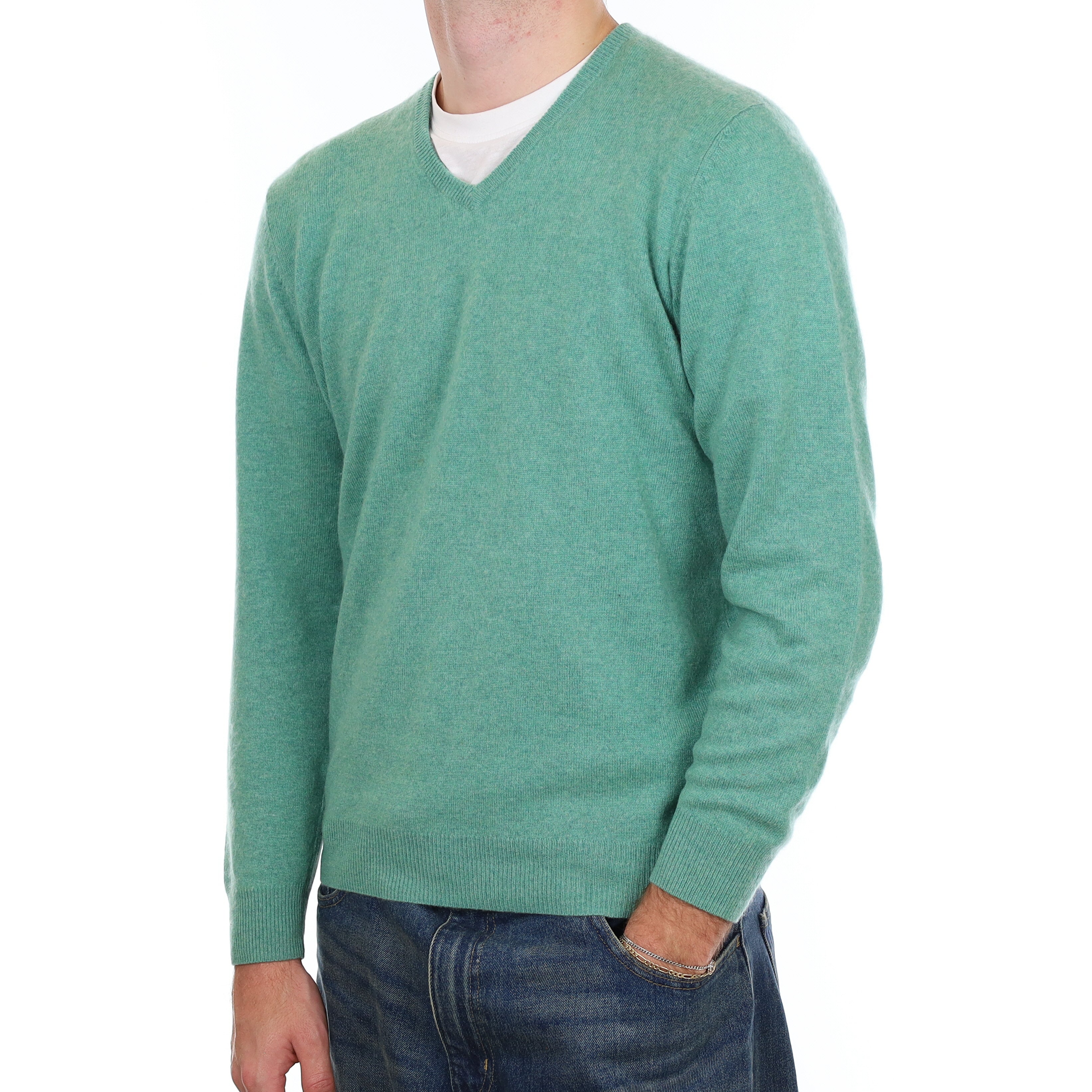 Men’s Sea Foam Green Cashmere V Neck Jumper Medium