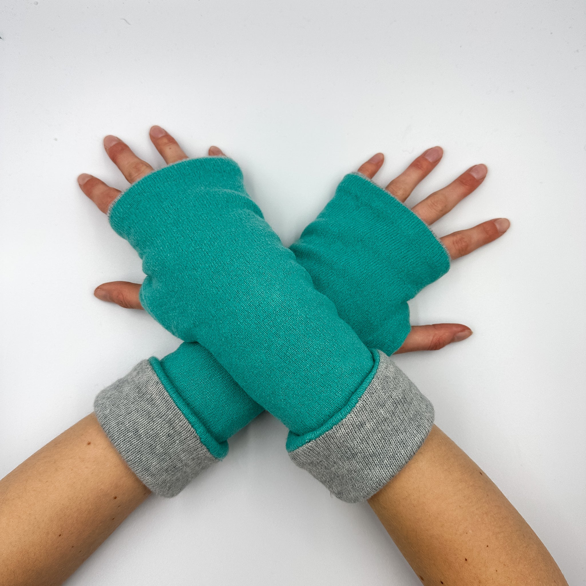 Sea Foam Green and Pale Grey Luxury Reversible Cashmere Fingerless Gloves