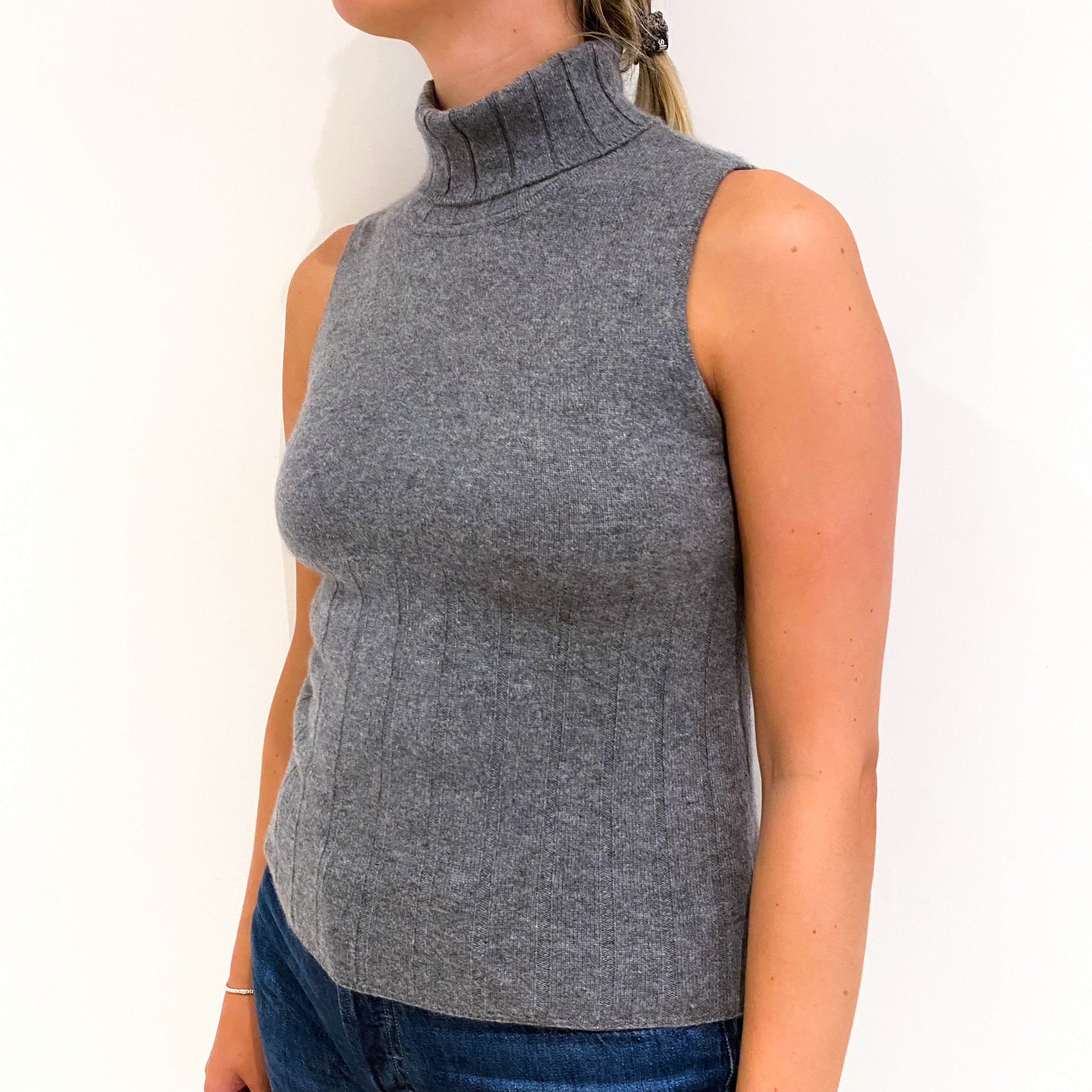 Ash Grey Sleeveless Cashmere Polo Neck Jumper Small